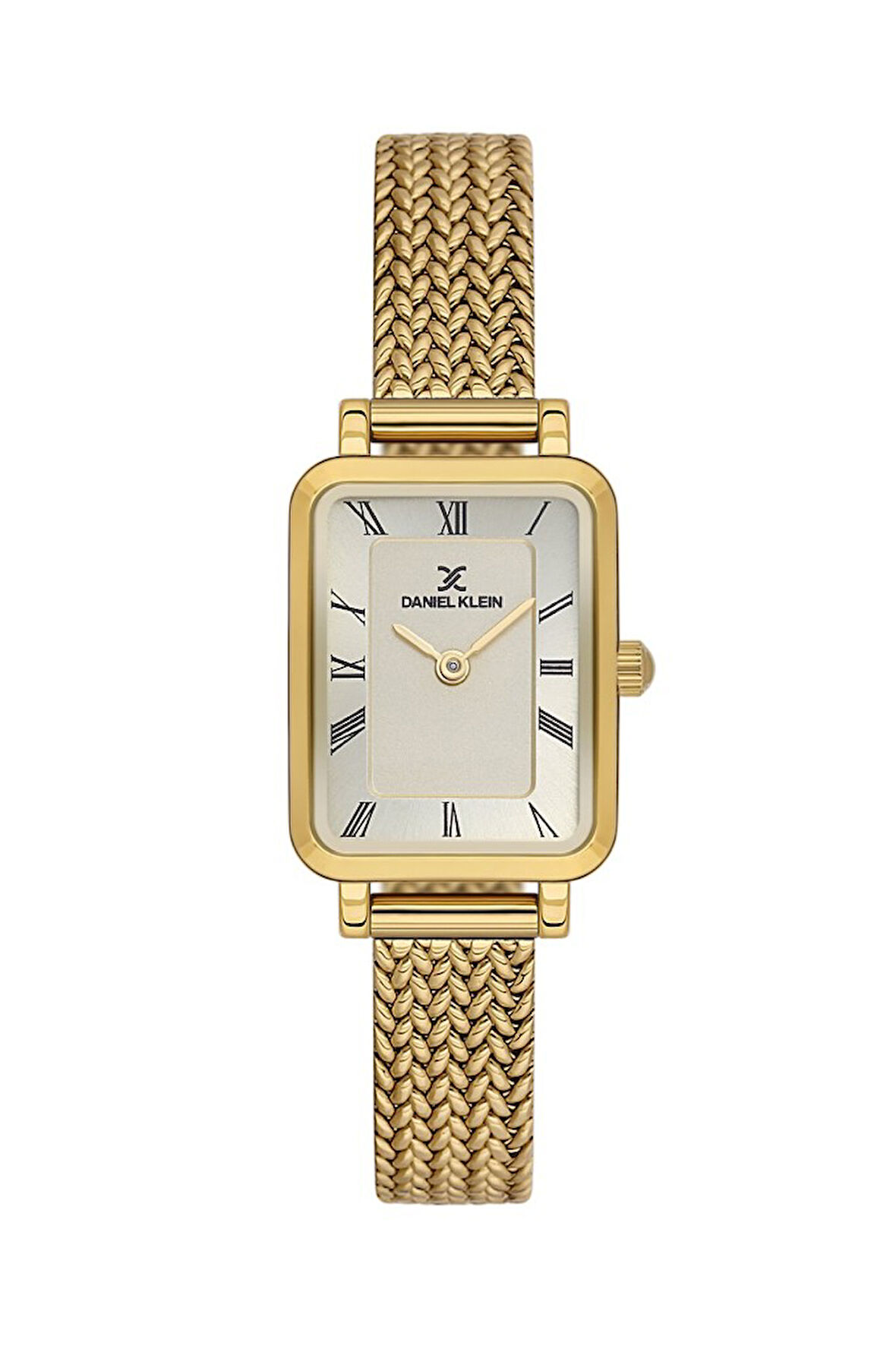 Daniel Klein DKE.1.10935-3 Dikdörtgen Kadran Hasır Kordon Romen Rakamlı Altın Renk Kadın Kol Saati