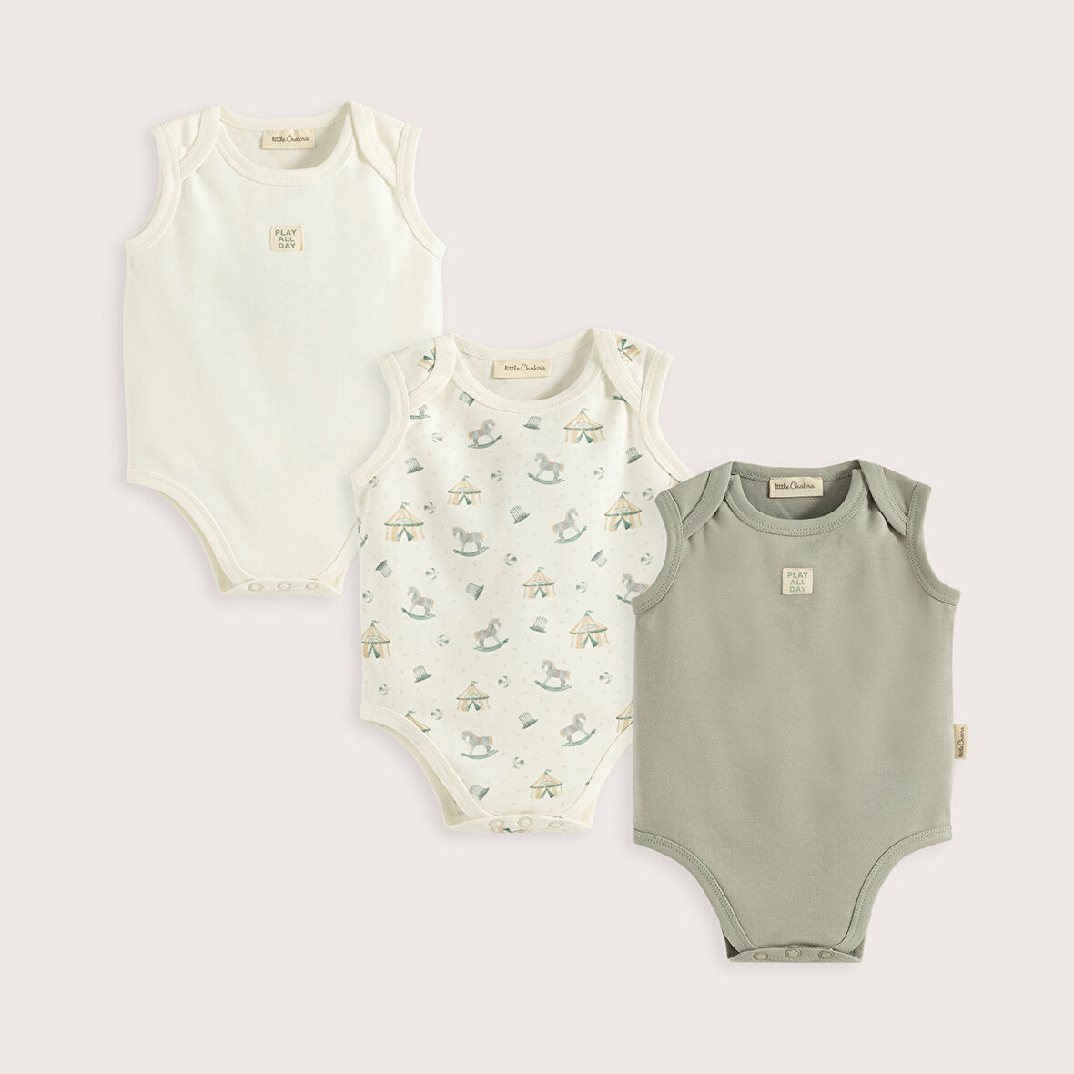 Cute Cırcus 3'Lü Kolsuz Body Set Ekru/Yeşil