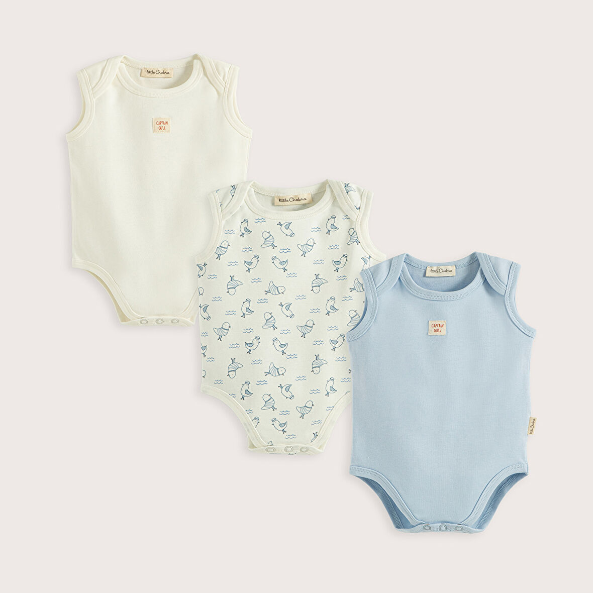 Sea Sıde 3'Lü Kolsuz Body Kutu Set Ekru/Mavi