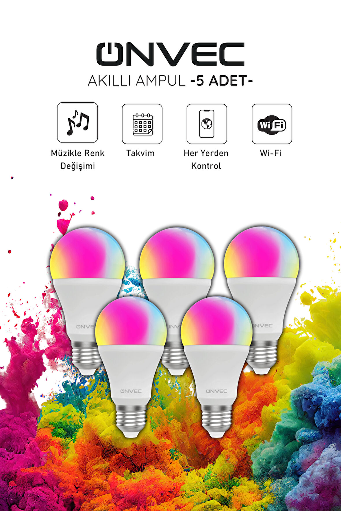 Onvec Wifi+Bluetooth Destekli 9W Rgb 5 Adet Akıllı Ampul Tuya