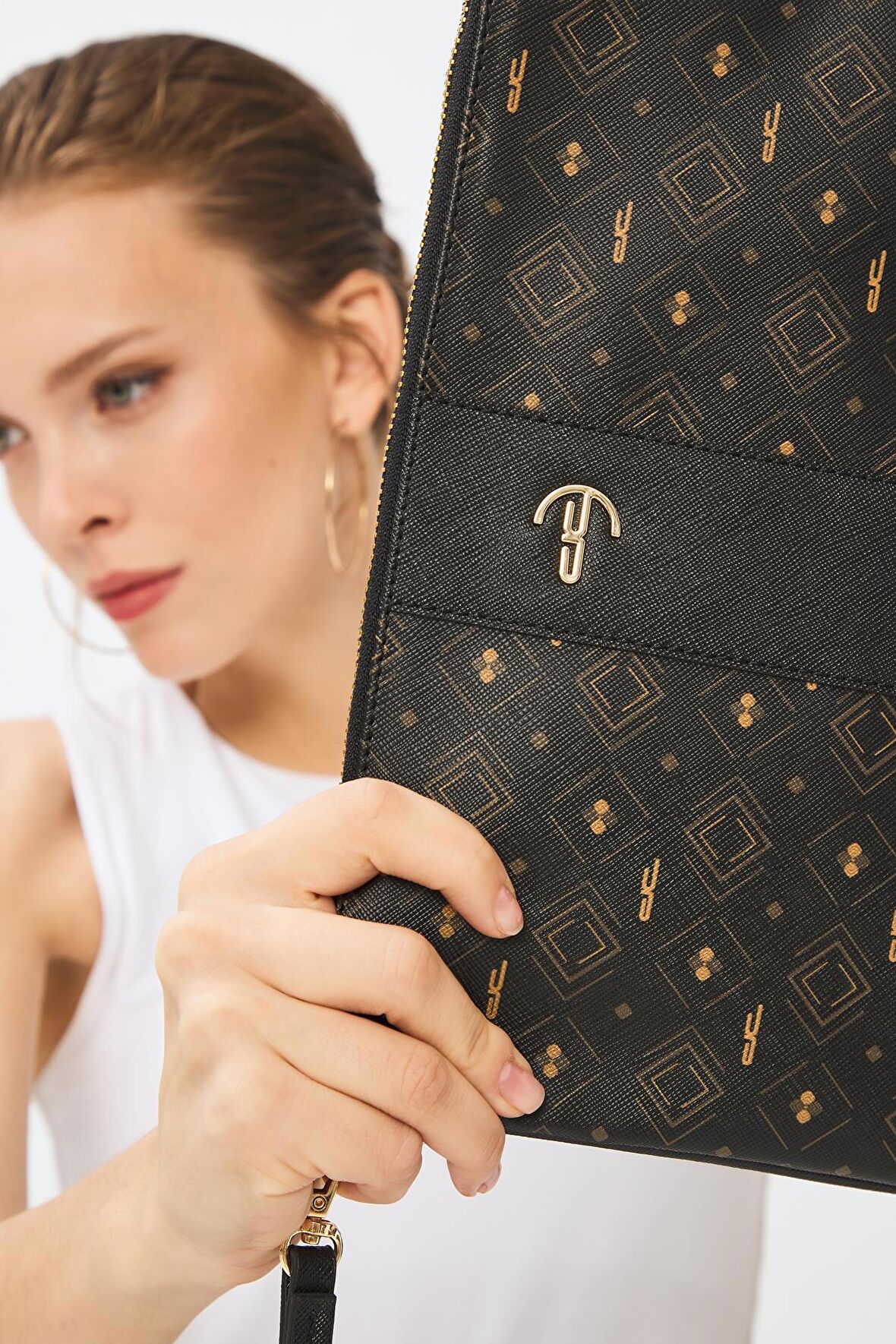 Kadın Basic Clutch Çanta Monogram Desenli Şeritli Logolu Siyah Taba 214002