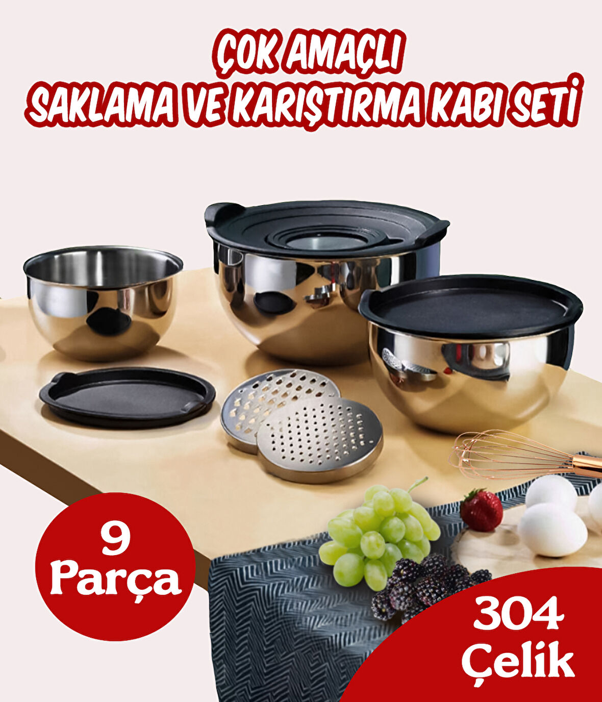 9 Parça Çelik Çok Amaçlı Rendeli Saklama Ve Karıştırma Kabı Seti