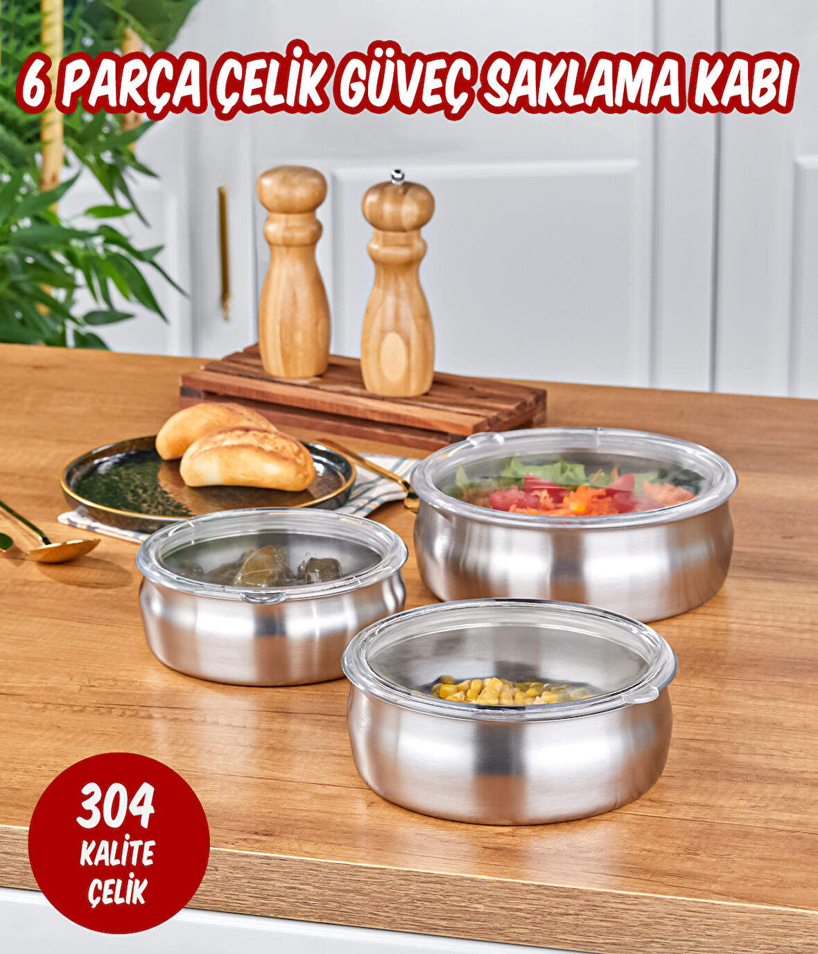 3’lü Çelik Güveç Model Saklama Kabı 6 Parça