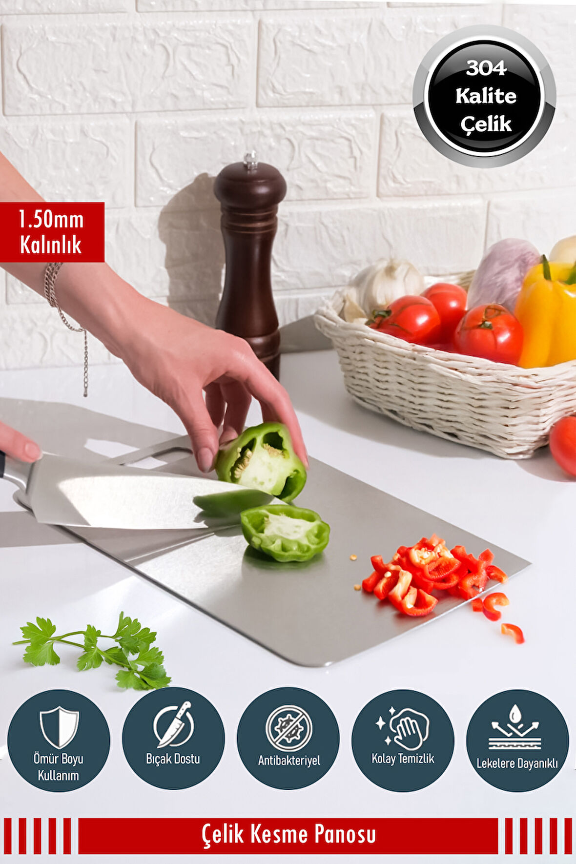 Paslanmaz Çelik Kesme Tahtası Antibakteriyel Çelik Kesim Panosu