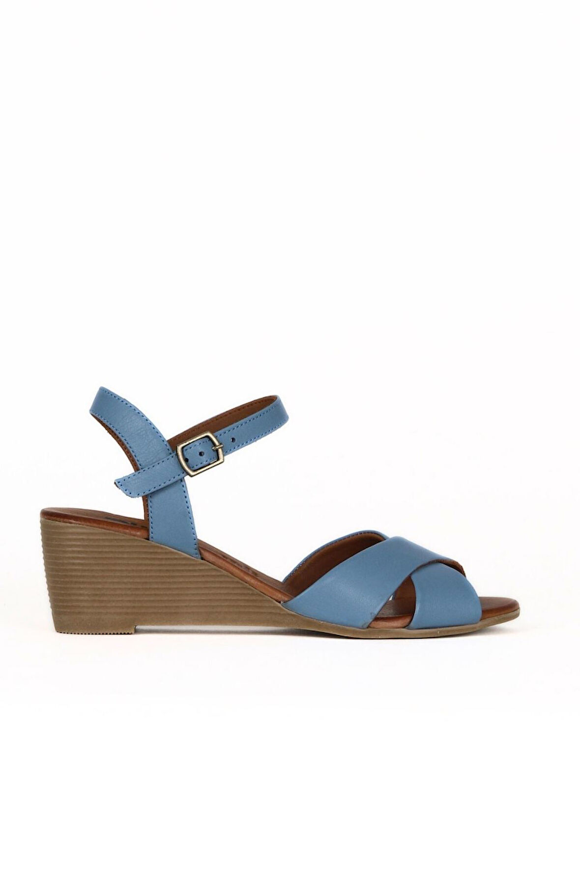 Bueno Shoes Mavi Deri Kadın Dolgu Topuklu Sandalet 01we4003