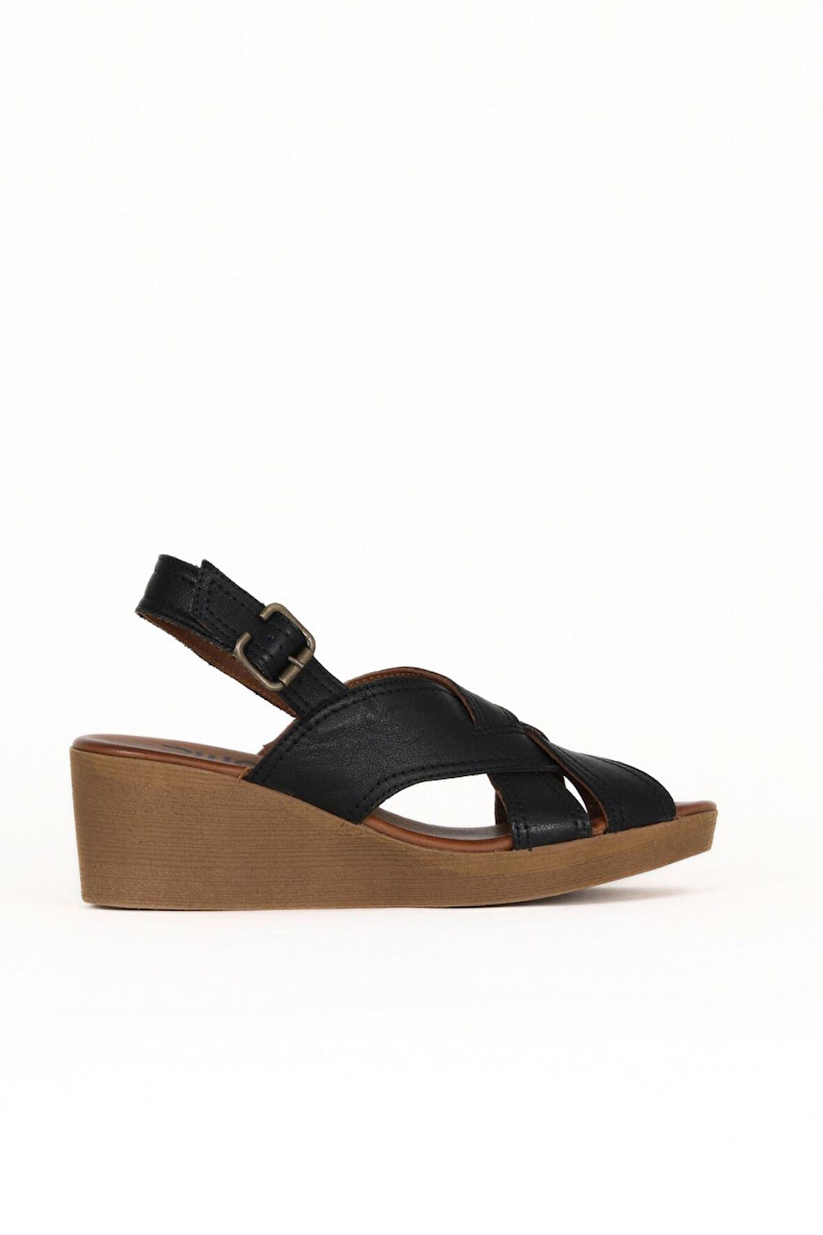 Bueno Shoes Siyah Deri Kadın Dolgu Topuklu Sandalet 01we3906