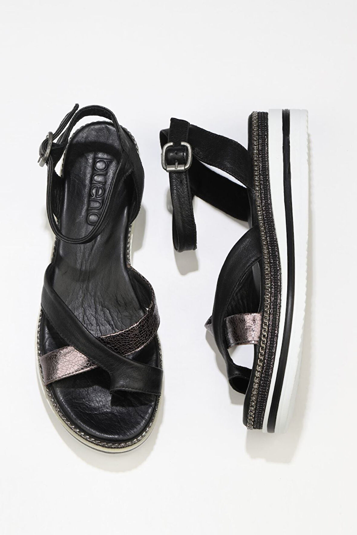 Bueno Shoes Siyah Kurşun Deri Kadın Düz Sandalet 01wq1607