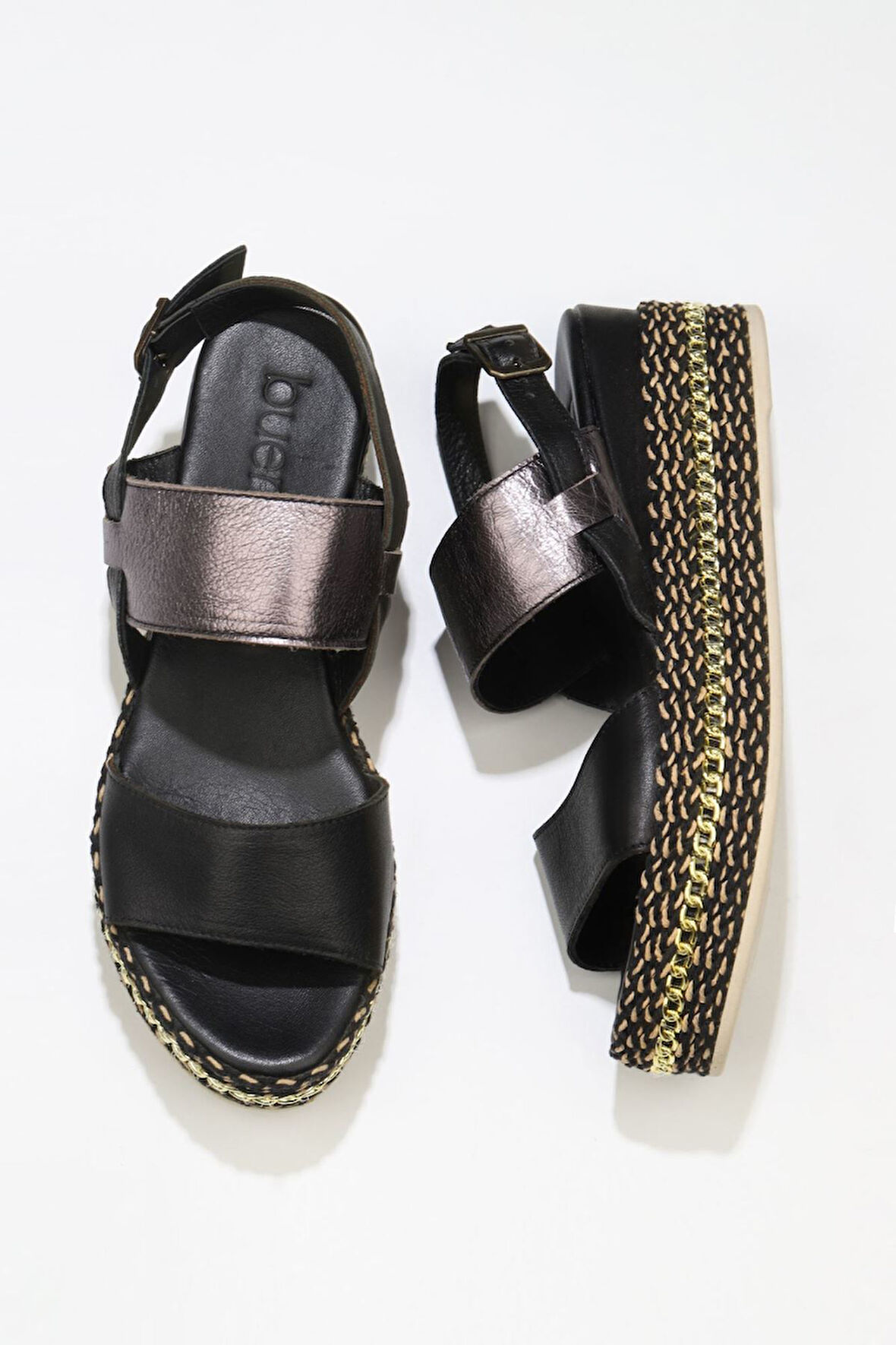 Bueno Shoes Siyah Kurşun Deri Kadın Dolgu Topuklu Sandalet 01ws5200