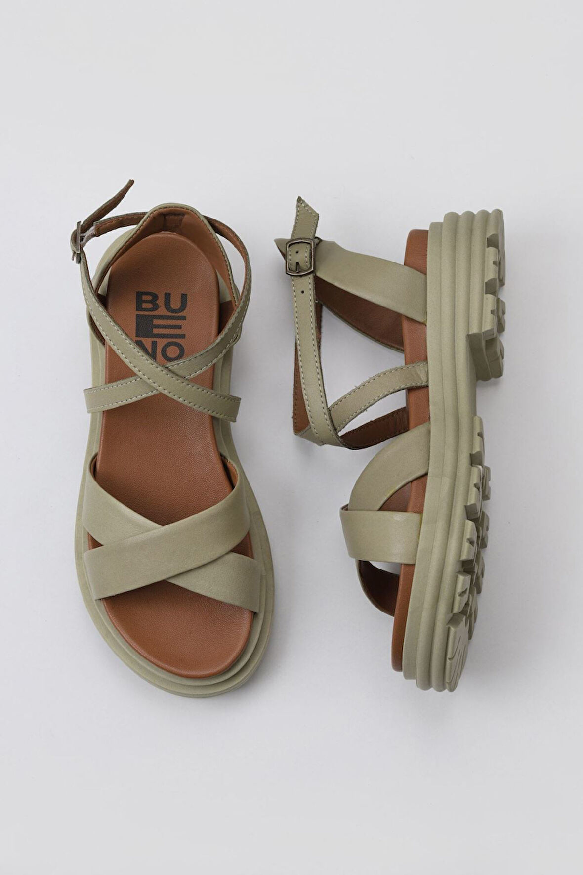 Bueno Shoes Haki Deri Kadın Dolgu Topuklu Sandalet 01wy8305