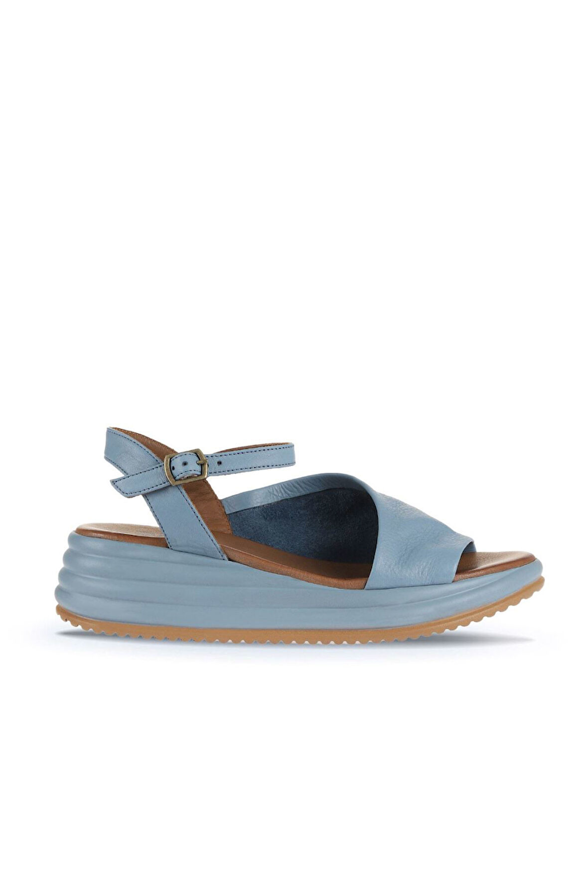 Bueno Shoes Mavi Deri Kadın Dolgu Topuklu Sandalet 01wa2402
