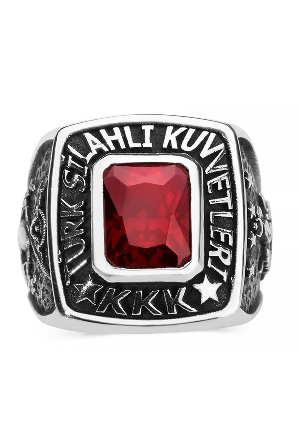 Erkek Kırmızı Kare Taşlı Kara Kuvvetleri Yüzüğü