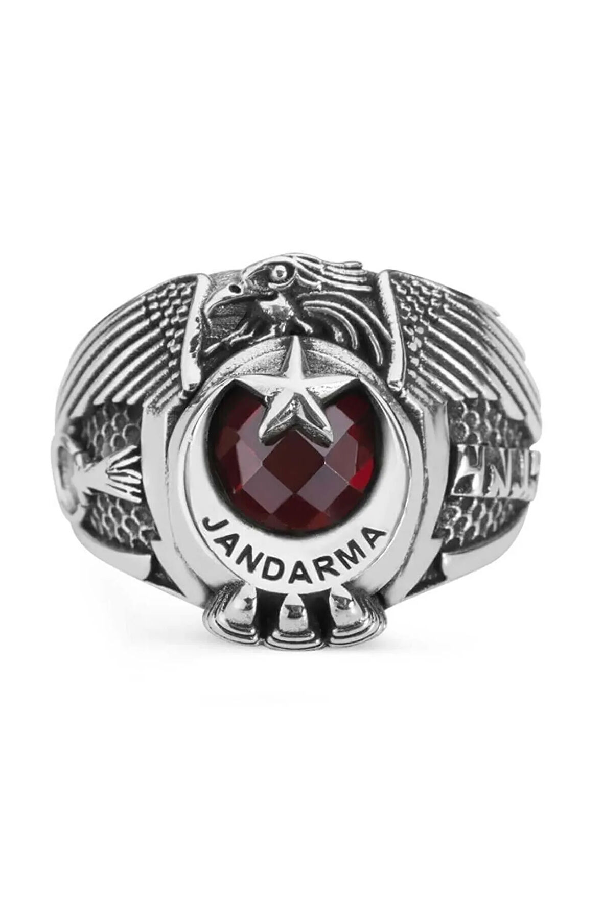 Tek Kartal Başlı Göktürkçe Türk Yazılı Jandarma Yüzüğü Kırmızı Taşlı