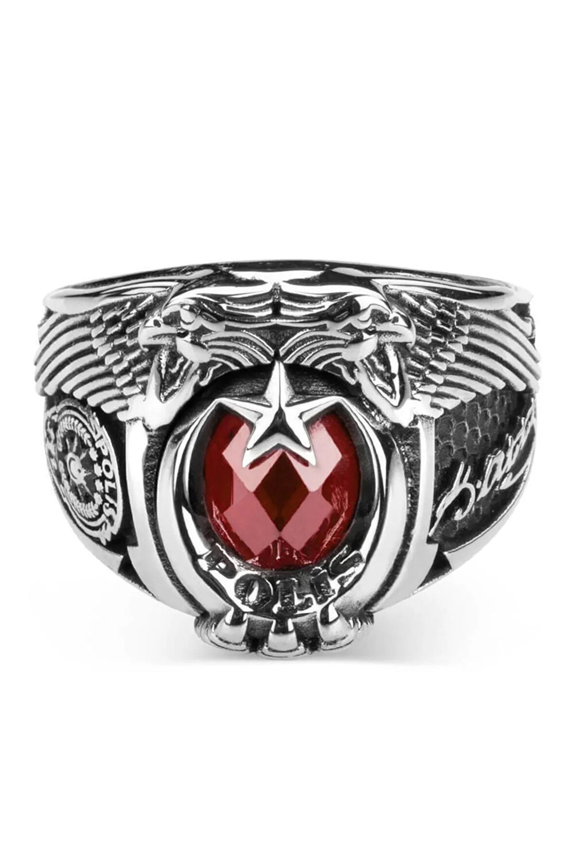 Atatürk Imzalı Armalı Pençe Detaylı Kırmızı Taşlı Özel Model 925 Ayar Gümüş Polis Yüzüğü
