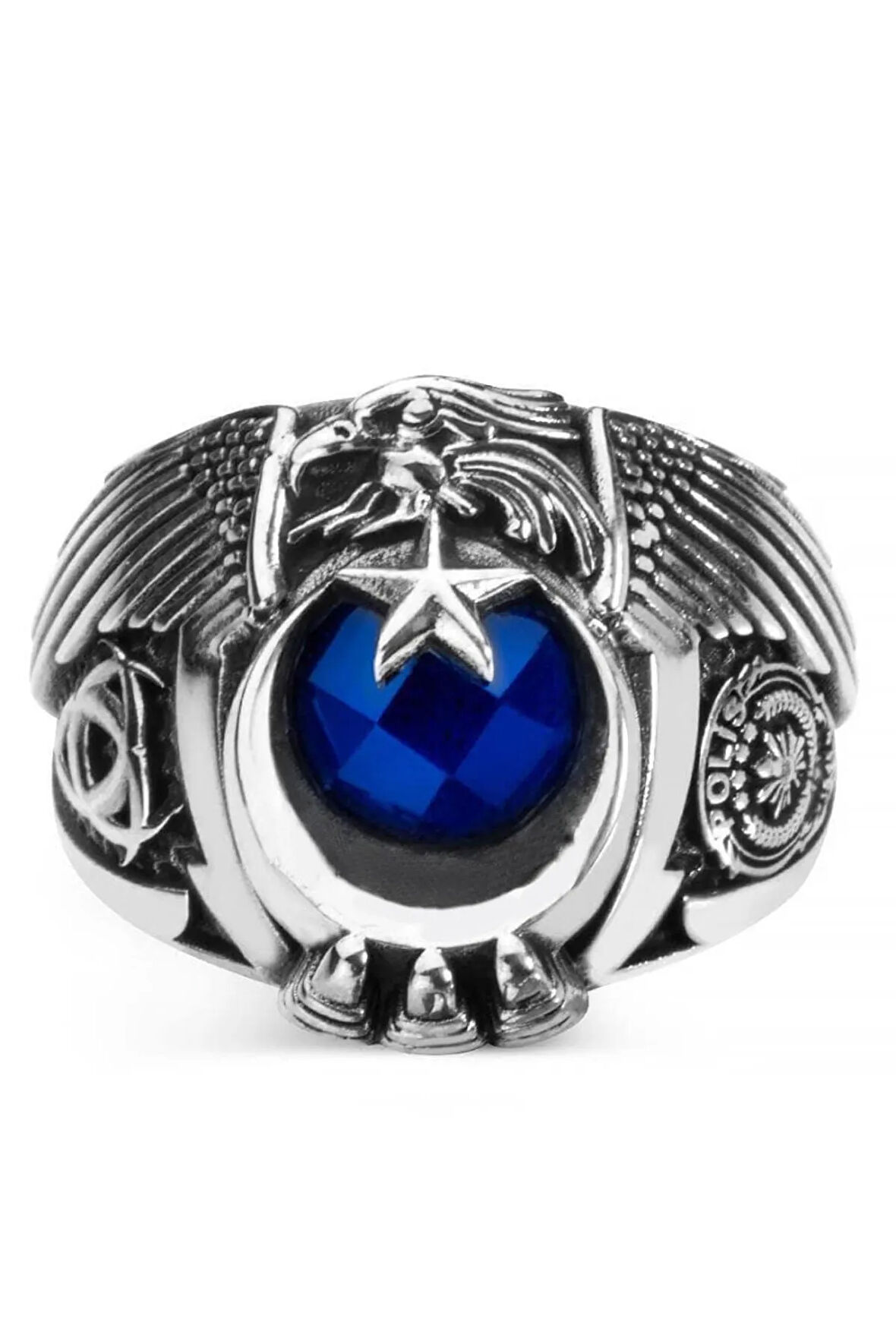 Erkek Mavi Kartal Figürlü Özel Sade Model Tasarım 925 Ayar Gümüş 1999 Polis Okulu Mezun Yüzüğü