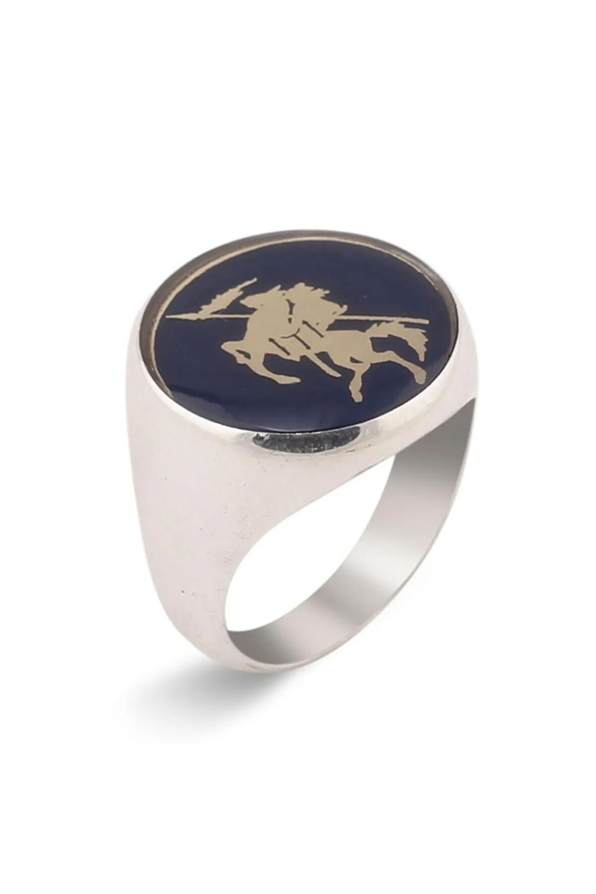 Kayı Boyu Motifli Koyu Mavi Mineli Yüzük