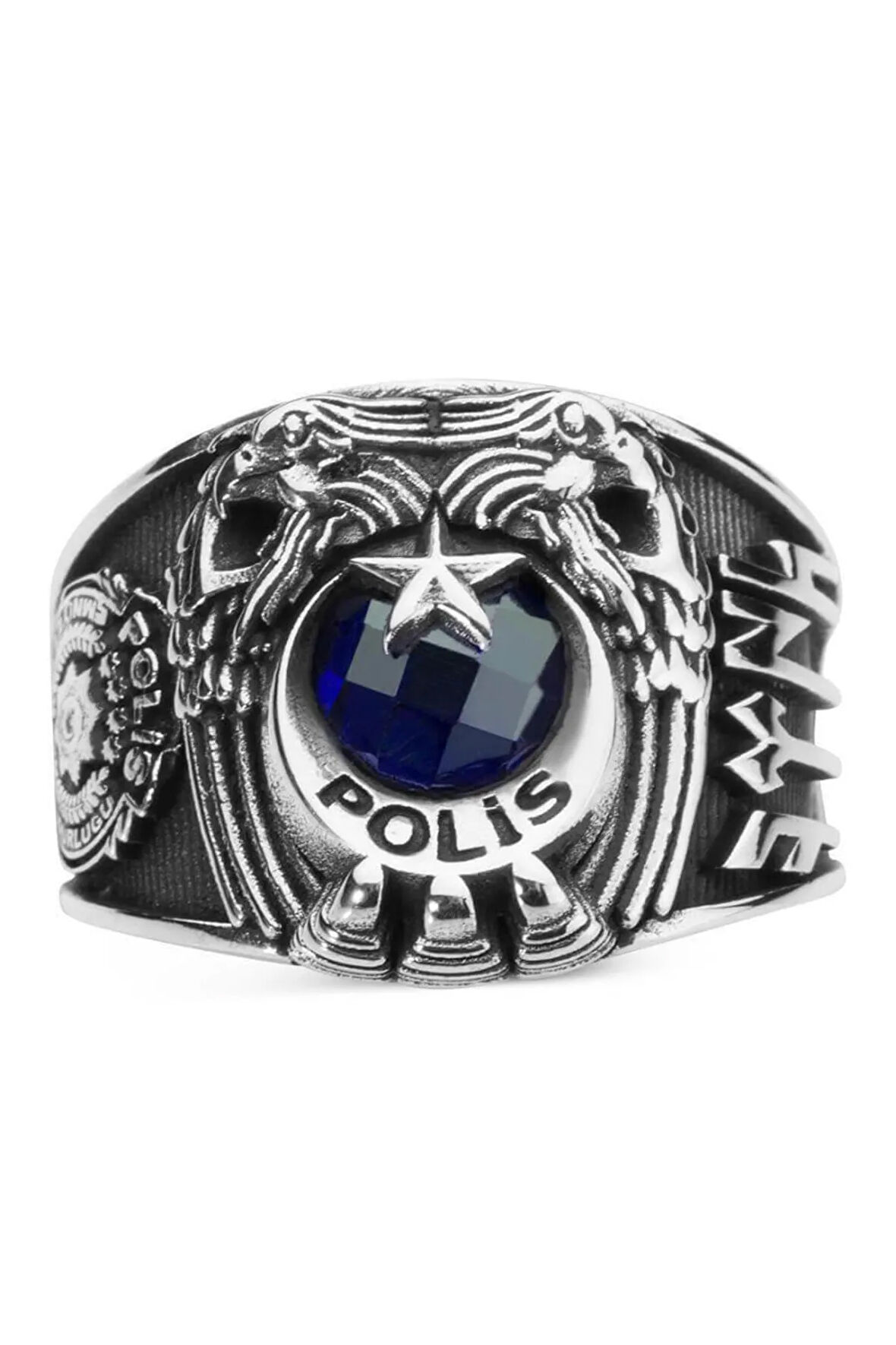 Erkek Kartal Figürlü Göktürkçe Türk Yazılı Özel Model 925 Ayar Gümüş Polis Yüzüğü Mavi Taşlı