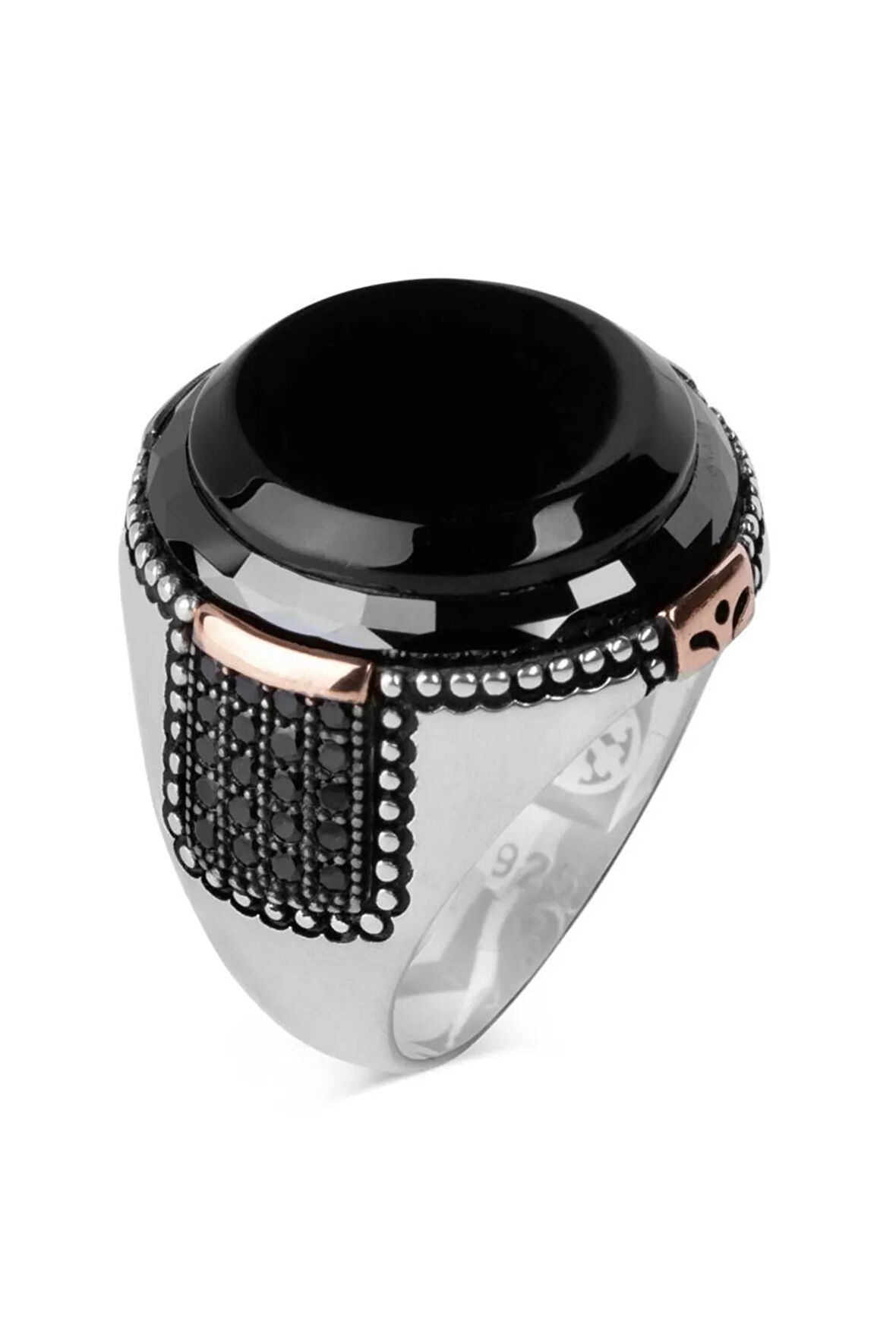 Erkek  Taş Süslemeli Yuvarlak Siyah Oniks Gümüş Yüzük