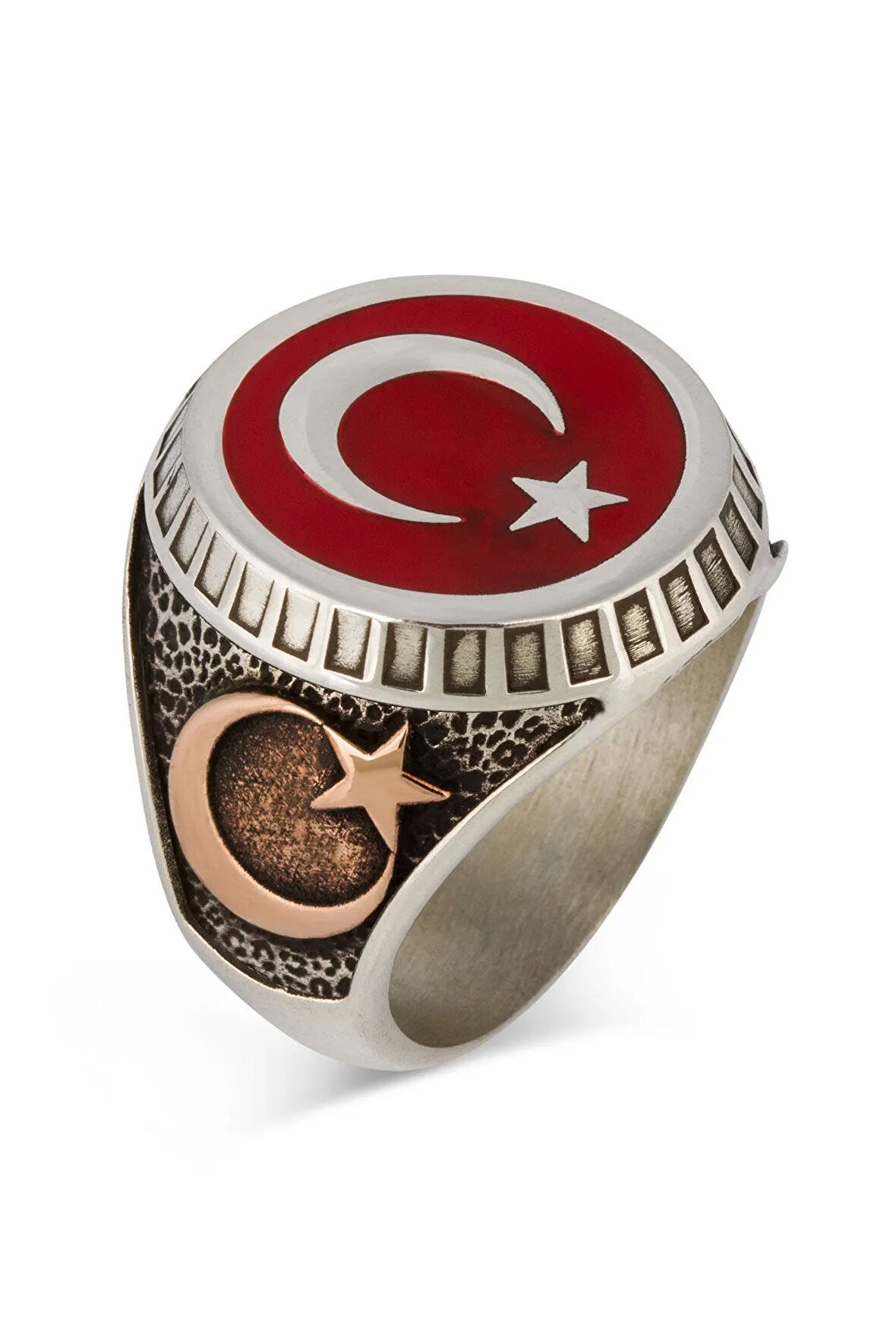 Ay Yıldız Ve Osmanlı Armalı Türk Bayrağı Gümüş Erkek Yüzük Kırmızı