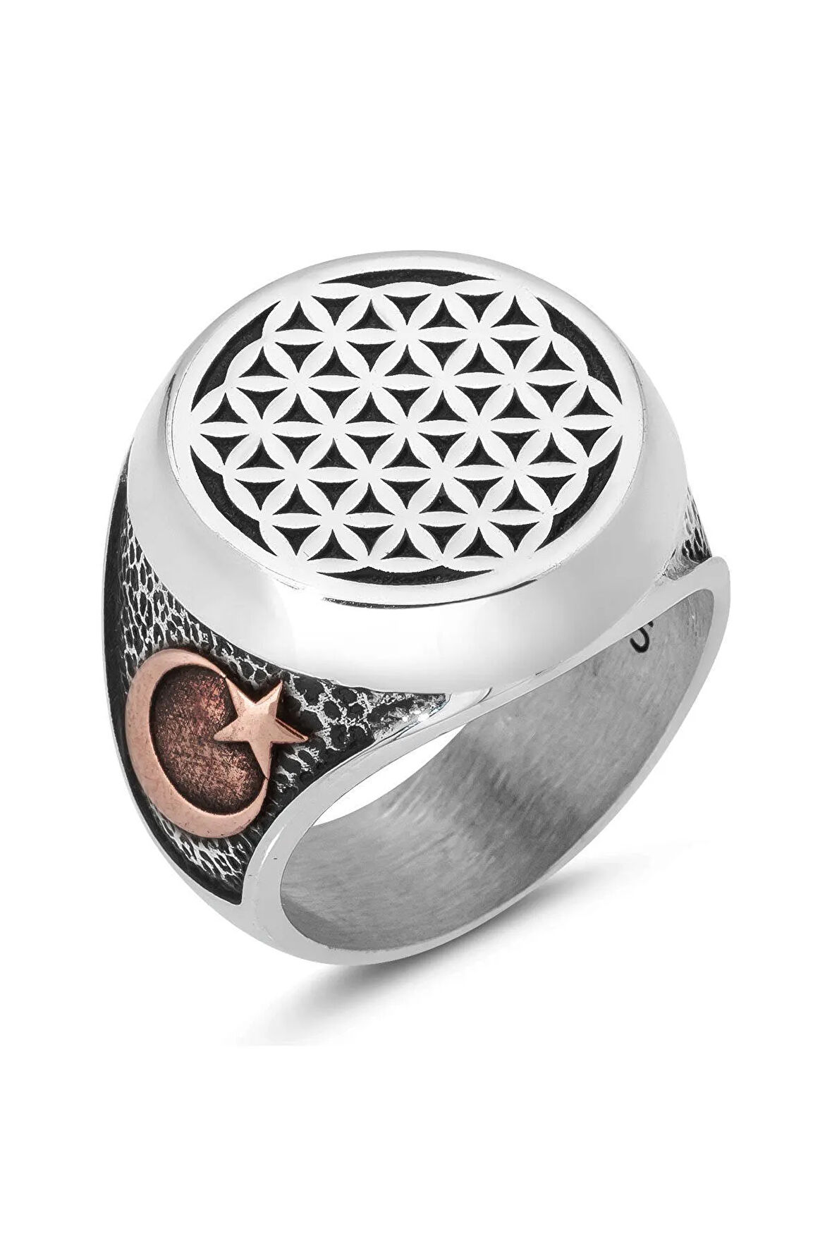 Yanları Ay Yıldızlı Yaşam Çiçeği Motifli Gümüş Erkek Yüzük Gümüş