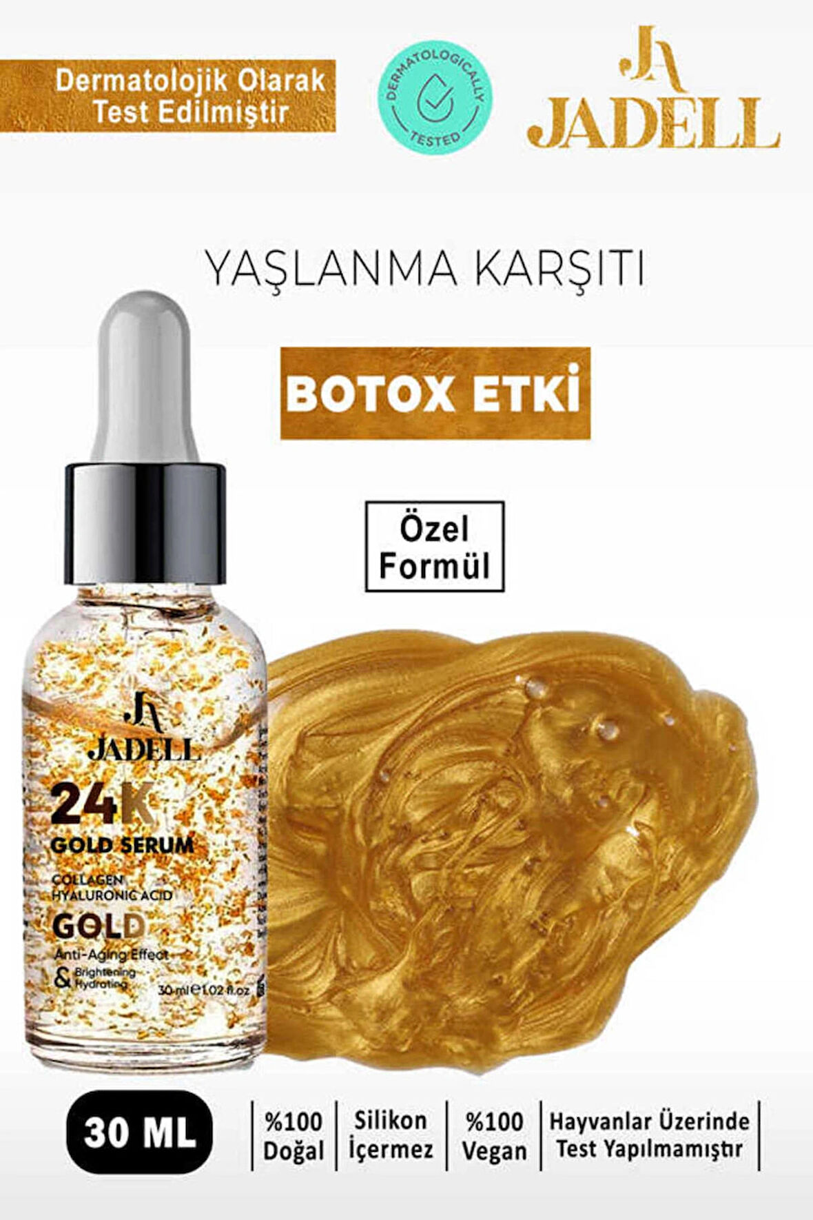 JADELL 24k Altın Göz ve Yüz Çevresi Doğal Vegan Botoks Etkili Yaşlanma Karşıtı Bakım Serumu 30 ml