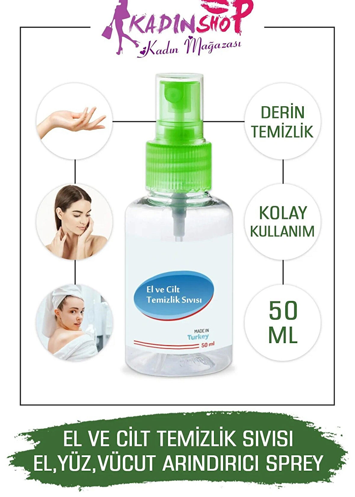 Kadınshop Cilt Dezenfektanı El Yüz Vücut İçin Koruyucu Antiseptik Dezenfektan 50 ml