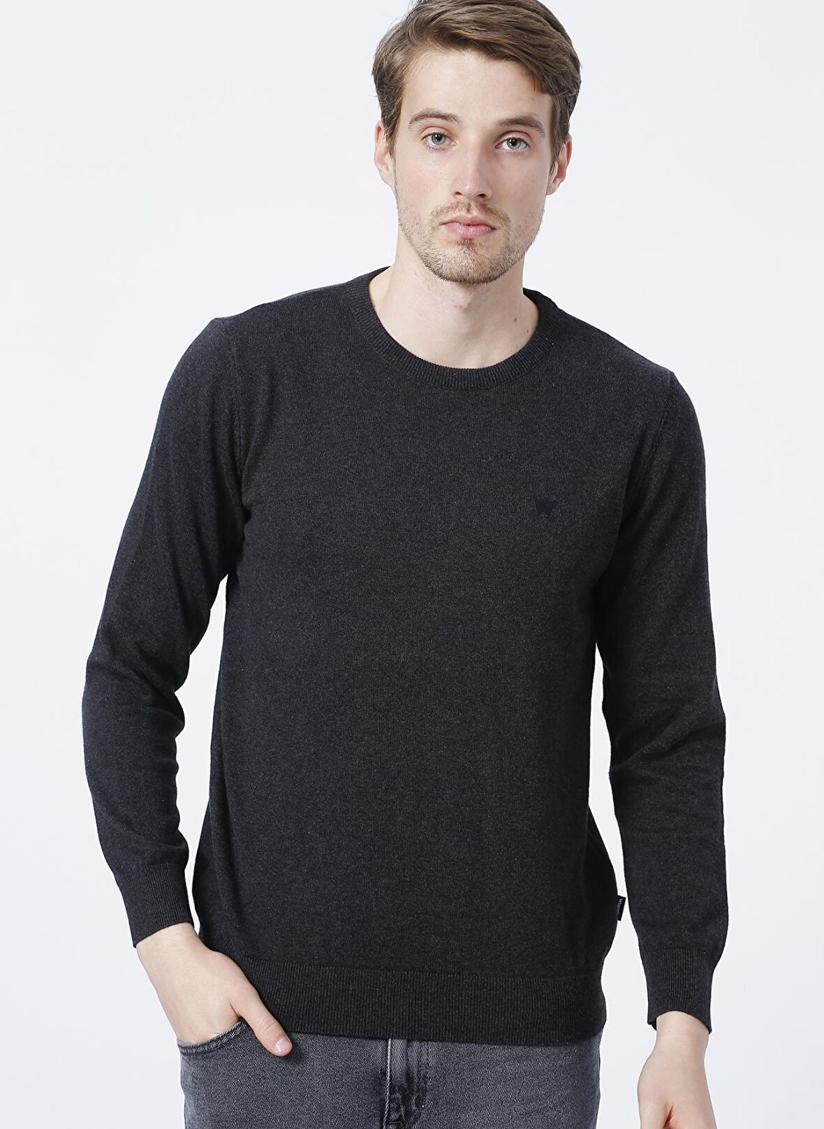 Wrangler Bisiklet Yaka Regular Fit Düz Gri Melanj Erkek Kazak W8A02PX06_Knitwear Crew neck