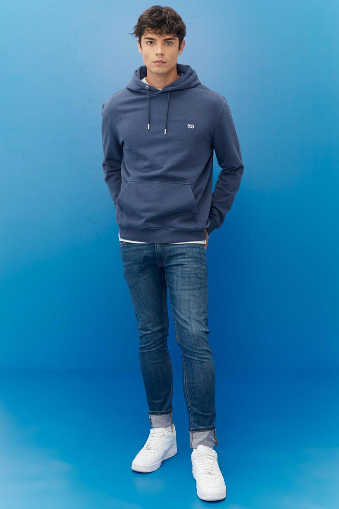Regular Fit Normal Kesim %100 Pamuk Şardonlu Kapüşonlu Mavi Sweatshirt