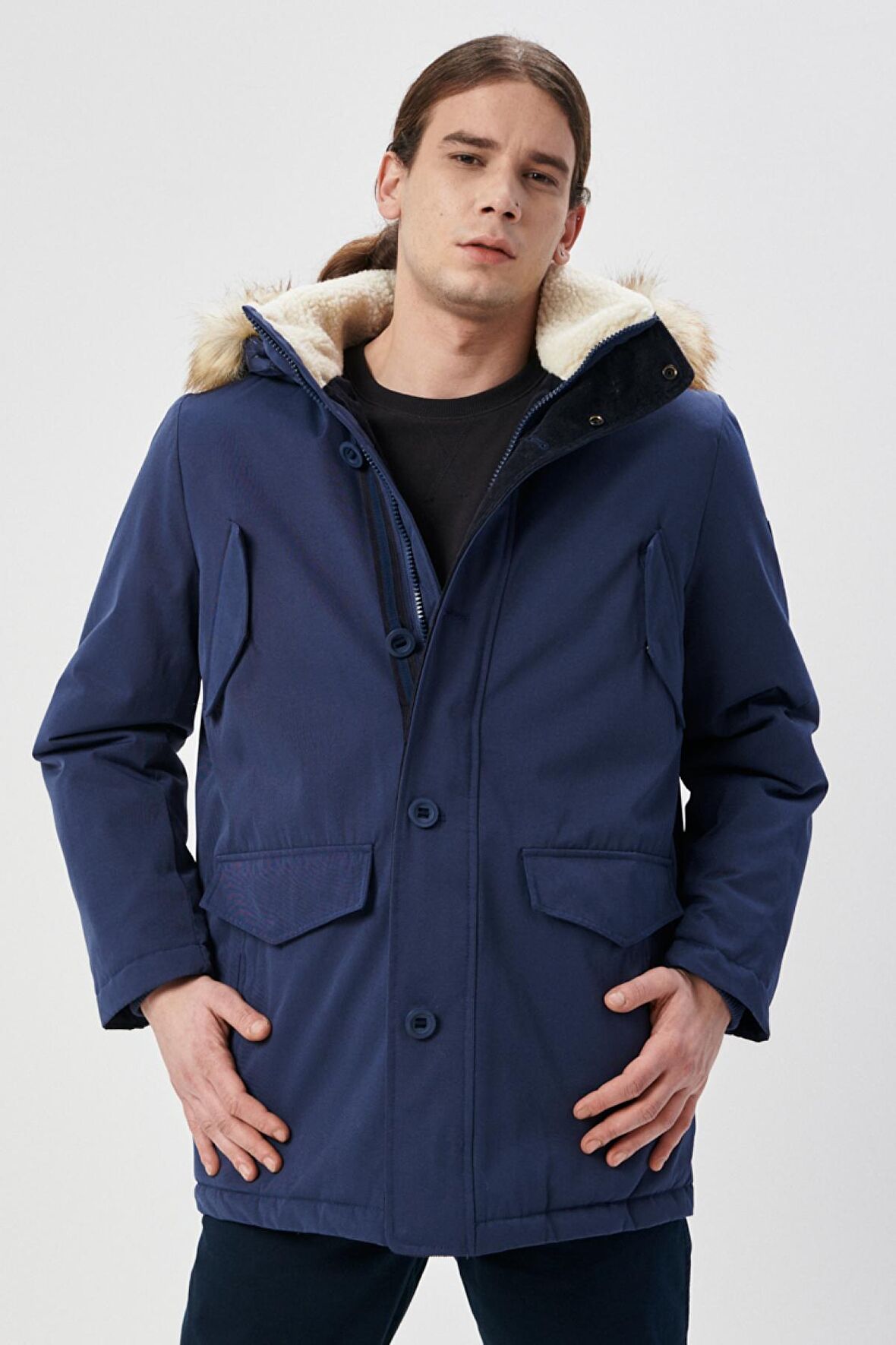 Regular Fit Normal Kesim Dik Yaka Lacivert Parka Ceket