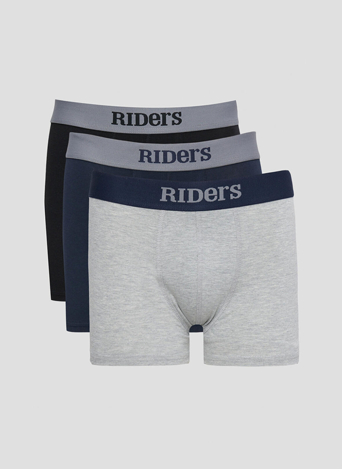 Riders By Lee Pamuklu Esnek Regular Fit Gri Melanj Lacivert Siyah Logolu 3'lü Boxer Paketi