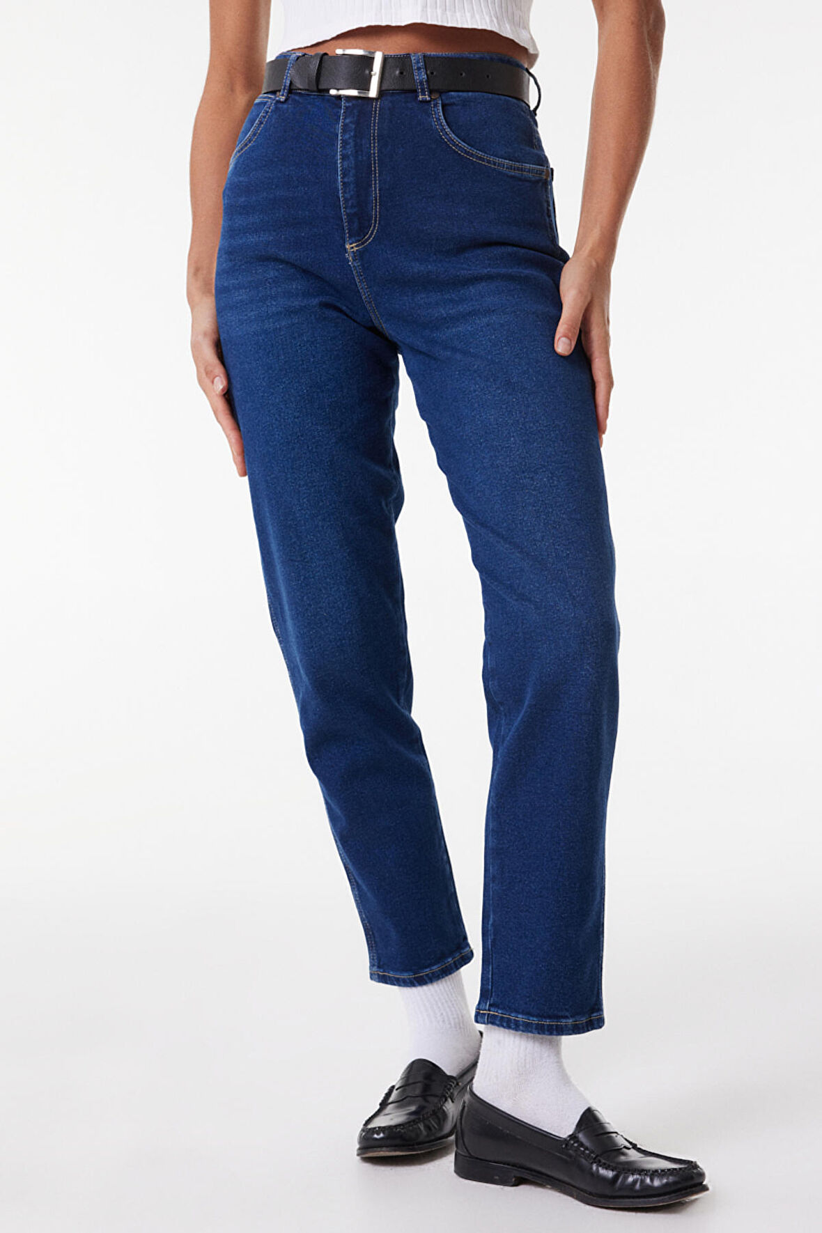 Mom Fit Yüksek Bel Dar Paça Mavi Esnek Jean Kot Pantolon