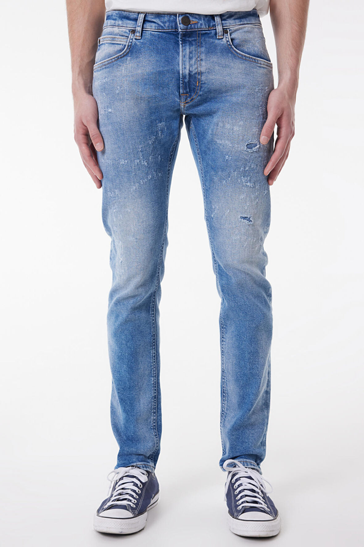 Slim Fit Dar Kesim Normal Bel Taşlamalı Açık Mavi Esnek Luke Jean Denim Kot Pantolon