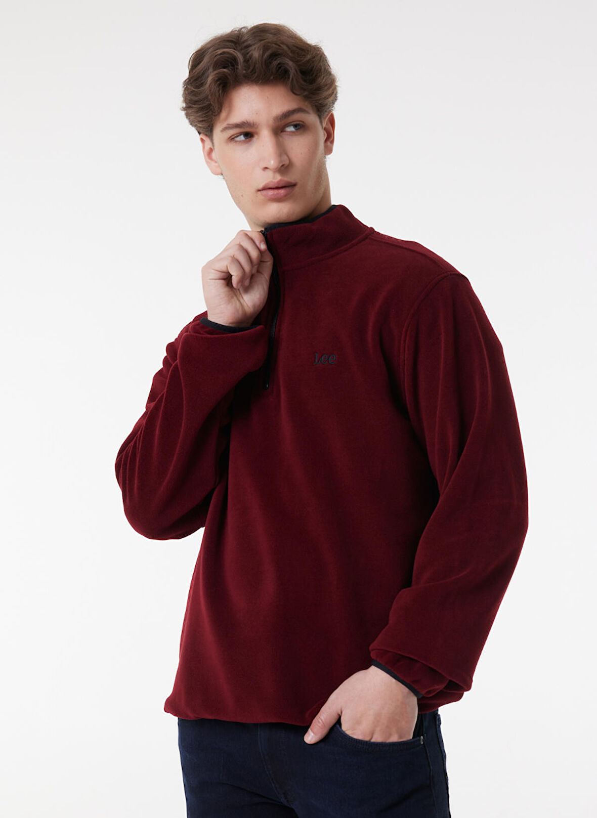 Regular Fit Normal Kesim Dik Yaka Yarım Fermuarlı Bordo Polar