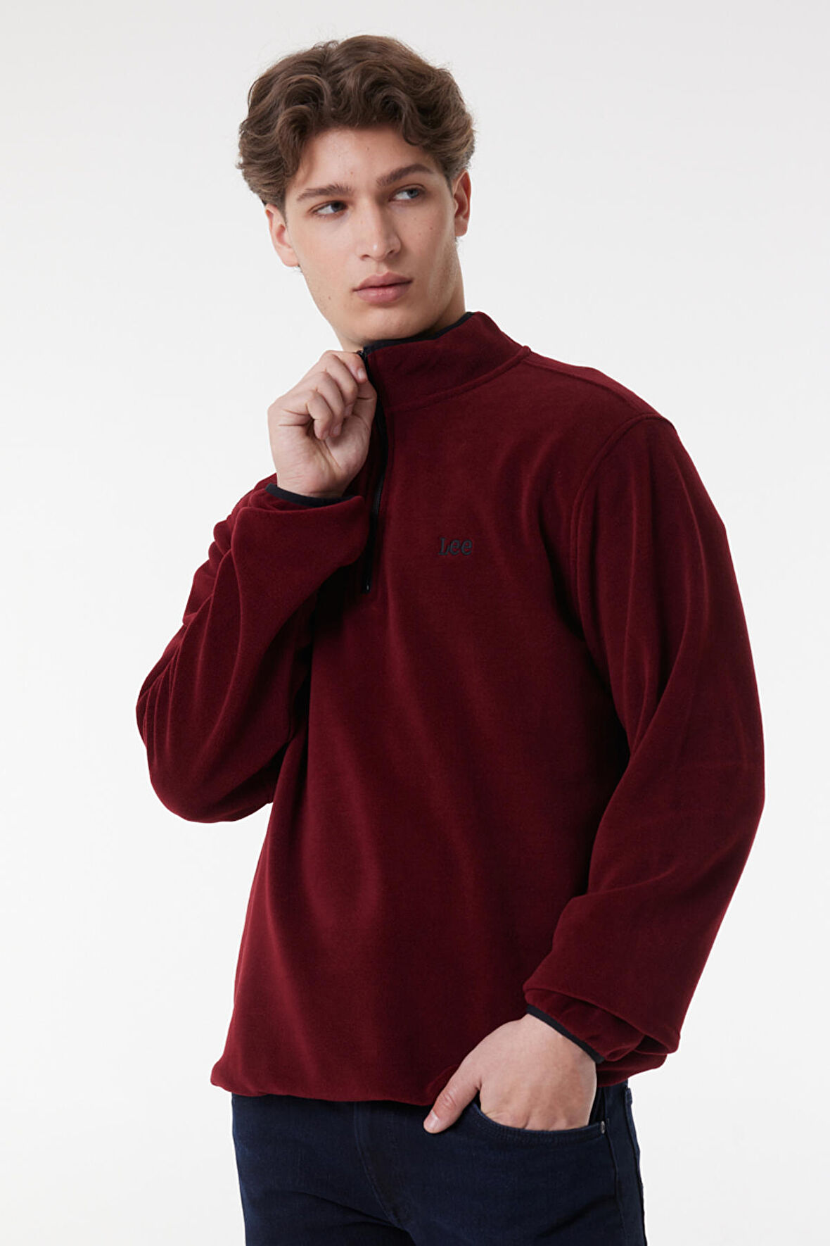 Regular Fit Normal Kesim Dik Yaka Yarım Fermuarlı Bordo Polar