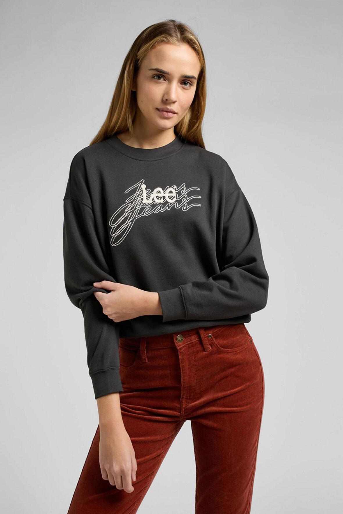 Relaxed Fit Geniş Kesim %100 Pamuk Bisiklet Yaka Şardonlu Antrasit Sweatshirt