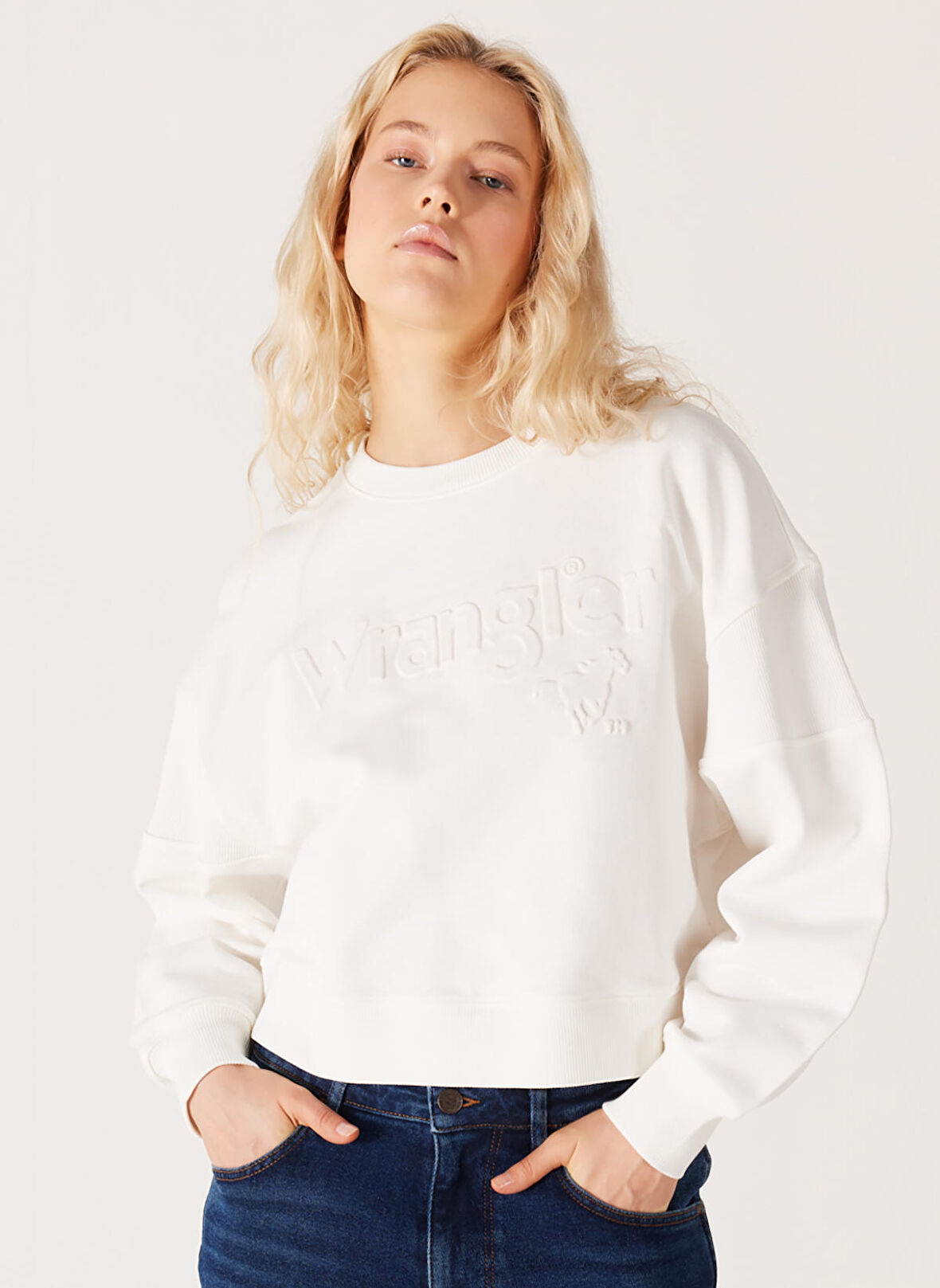 Relaxed Fit Geniş Kesim %100 Pamuk Bisiklet Yaka Beyaz Sweatshirt