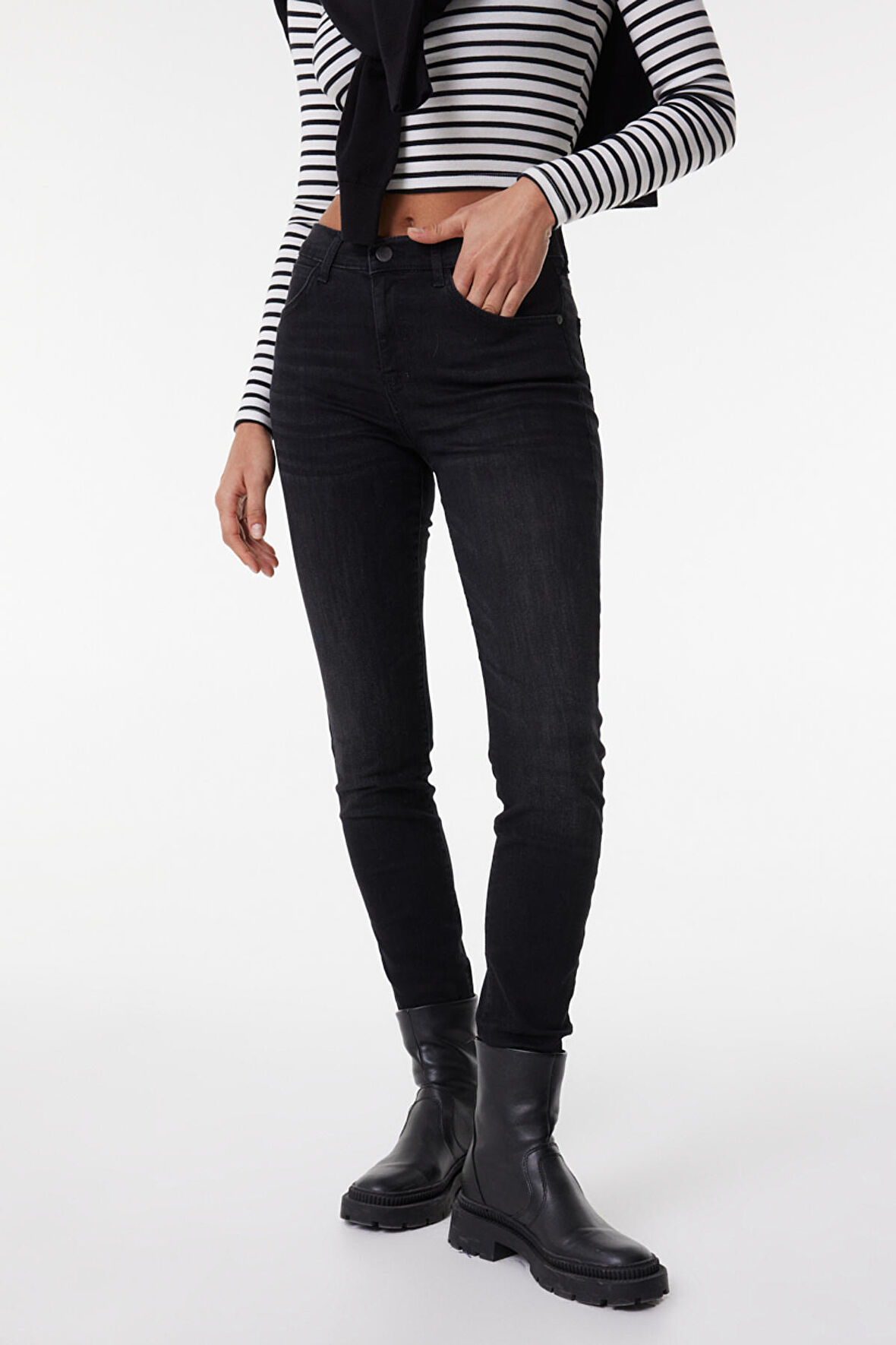 Skinny Fit Dar Kesim Yüksek Bel Siyah High Rise Esnek Jean Denim Kot Pantolon