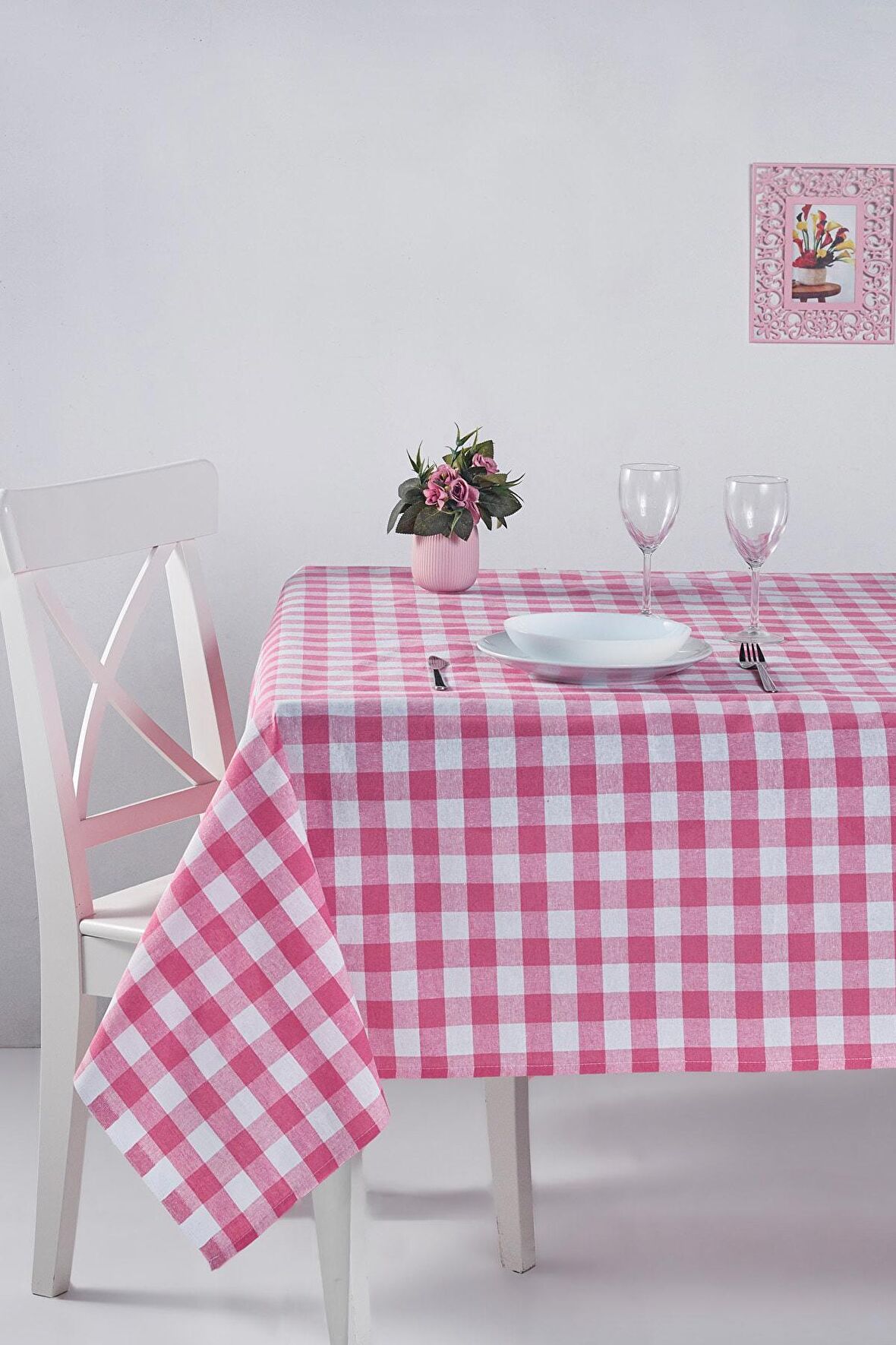 Kareli Masa Örtüsü Pembe 160x220