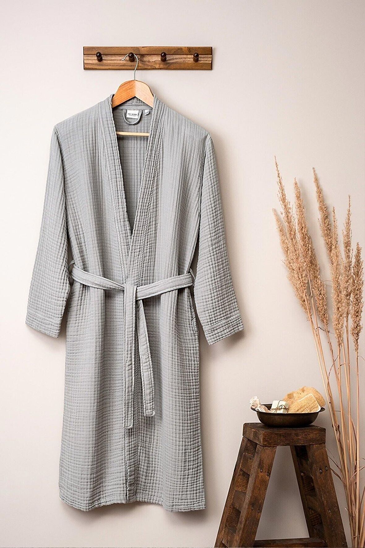 Unisex Kimono 4 Kat Müslin Bornoz (Gri, L/XL)