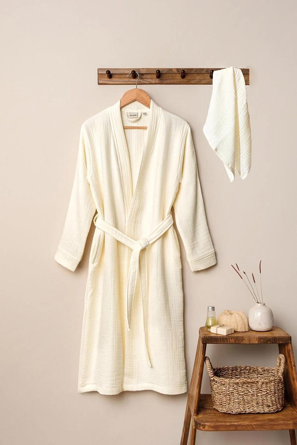 Unisex Kimono Müslin Bornoz + Havlu Seti Ekru