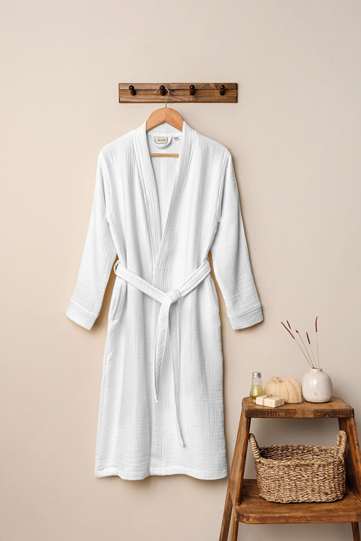 Unisex Kimono 4 Kat Müslin Bornoz (Beyaz, L/XL)