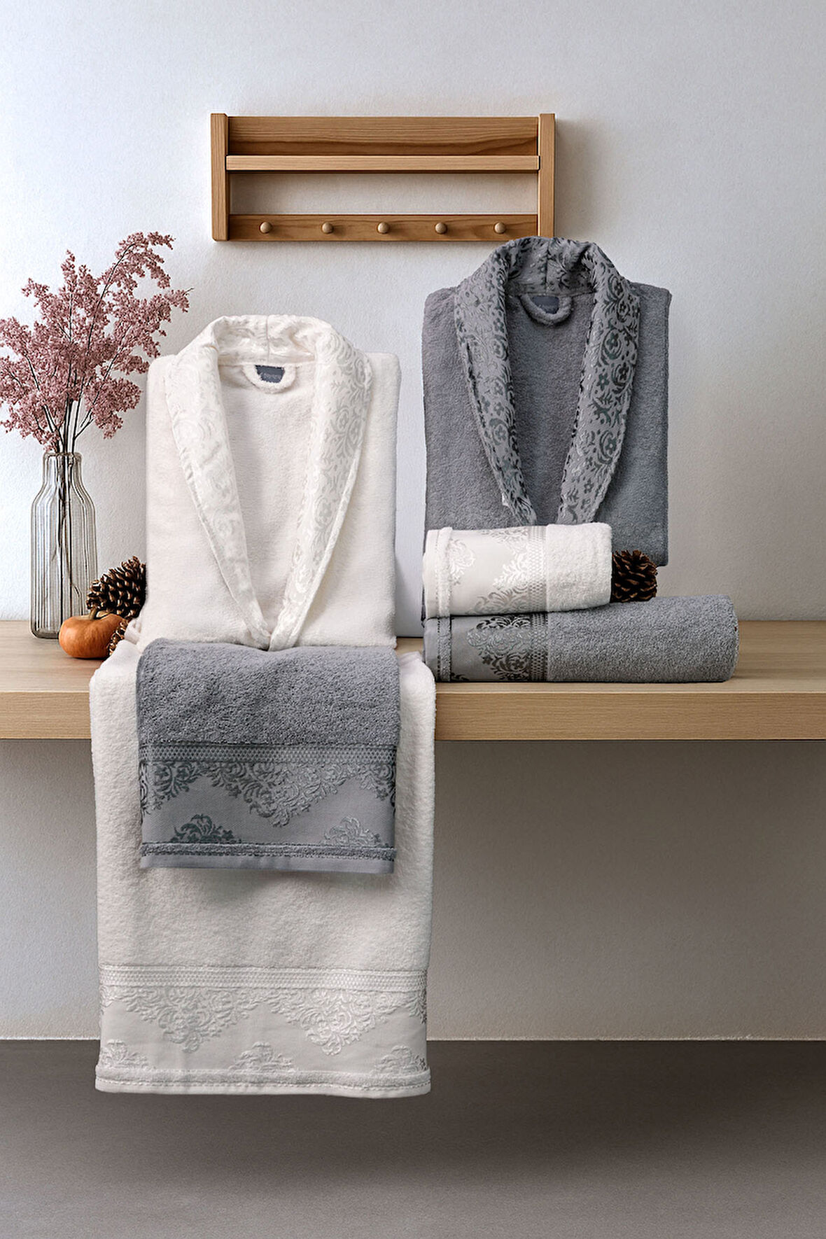 Favora Velora Deluxe %100 Pamuk Bornoz Seti - Krem - Gri