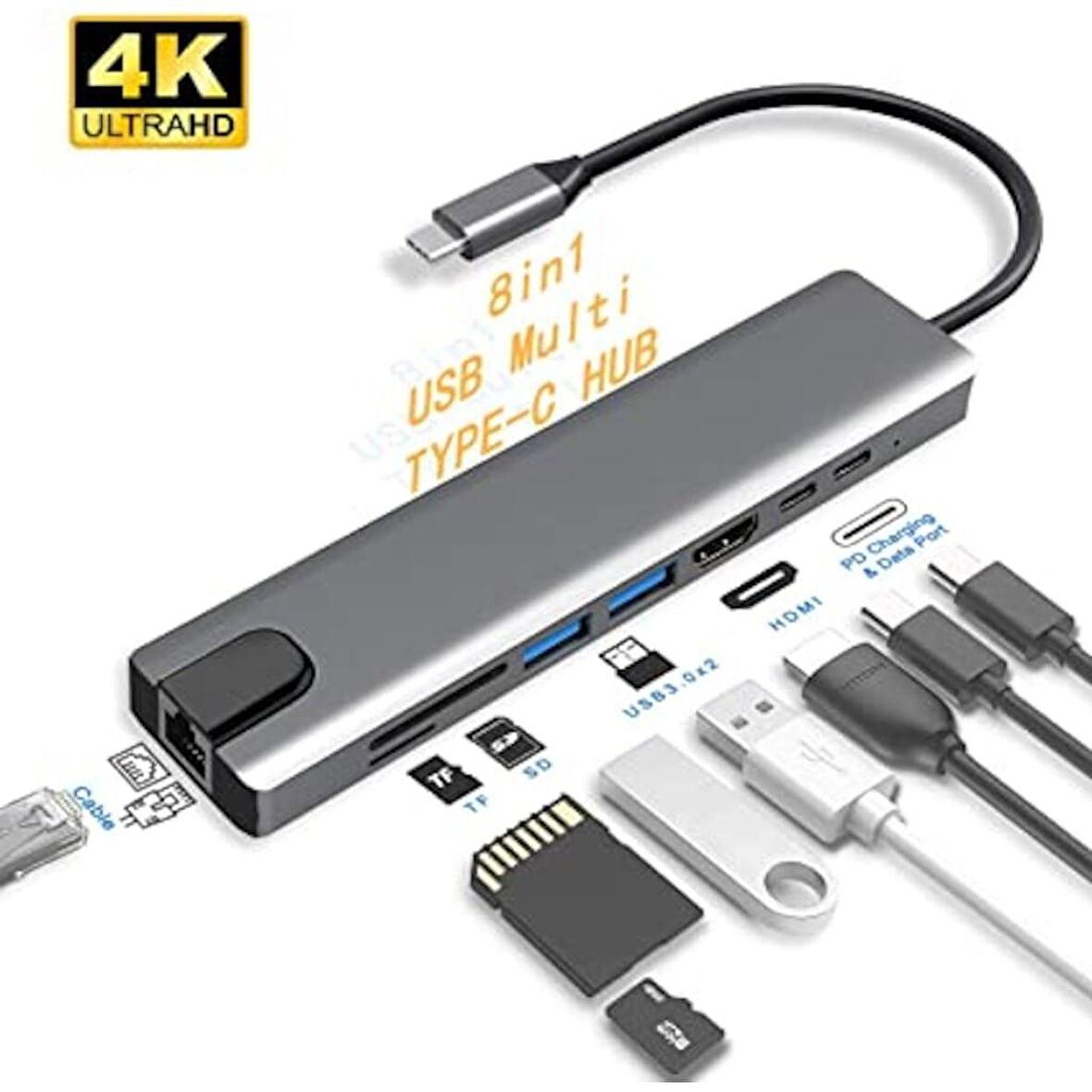 8 in 1 4K Type C USB 3.0 Hub HDMI RJ45 SDTF Adaptörü
