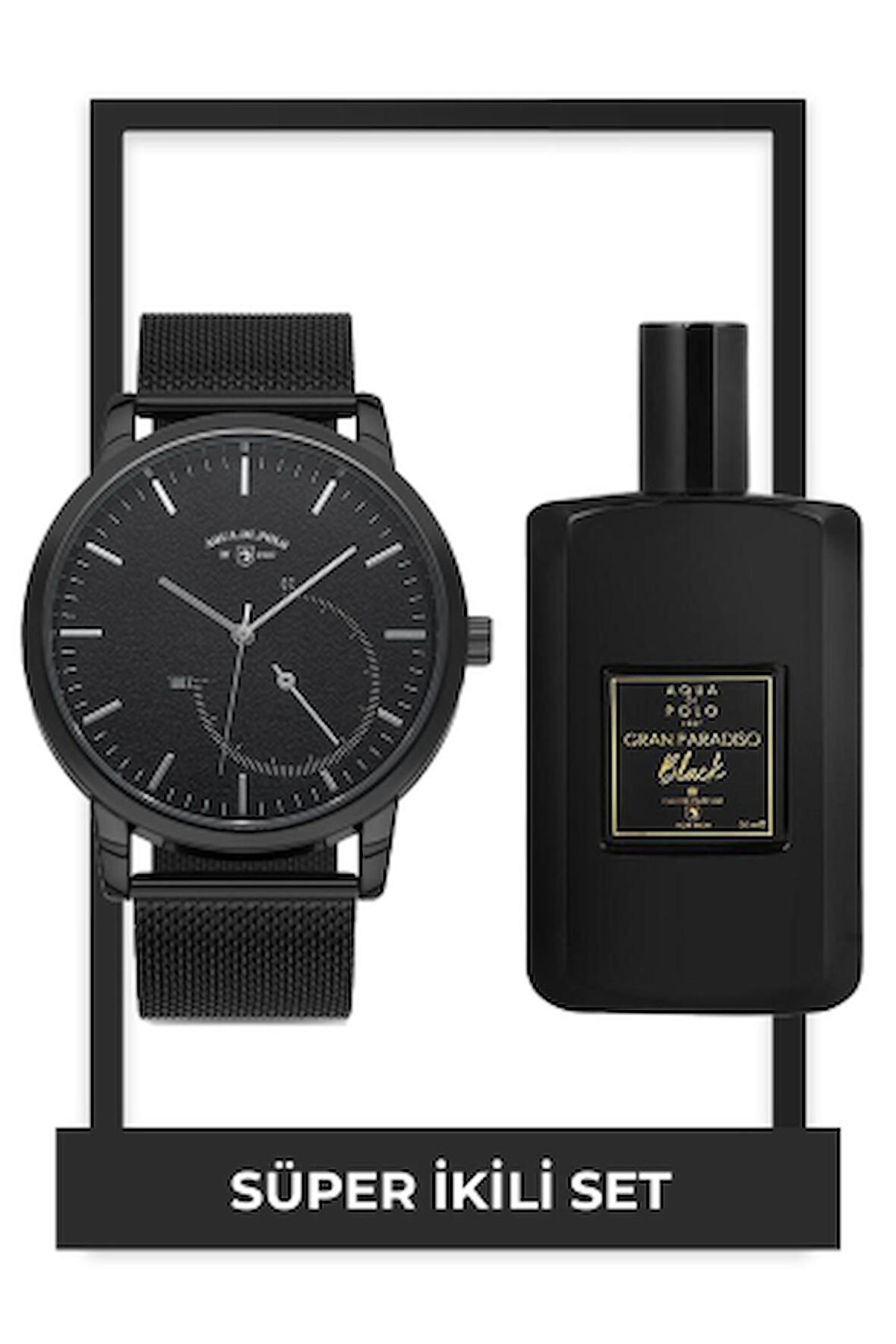 Aqua di Polo 1987 Gran Paradiso Black EDP 50 ml Parfüm ve Siyah Metal Saat Erkek Seti STCC021252