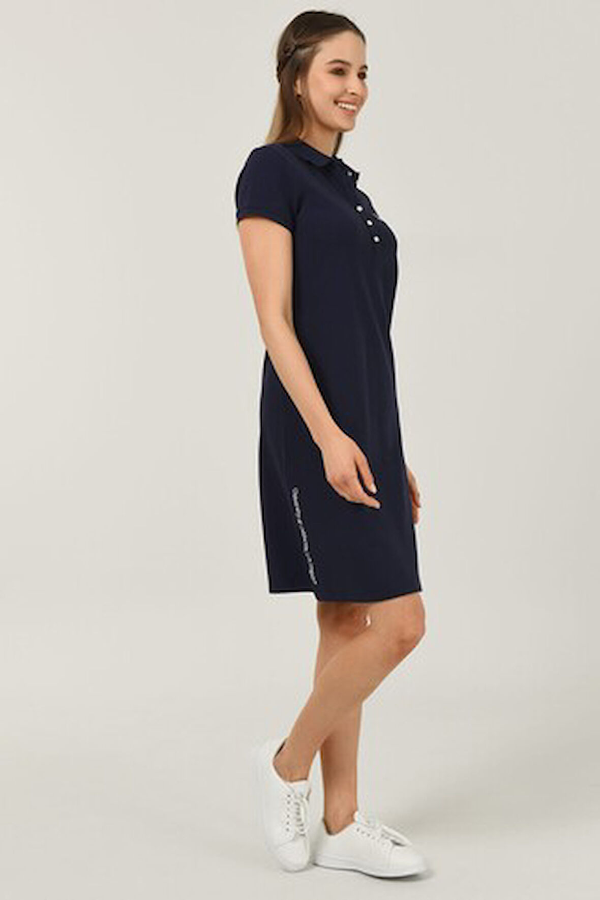 MADEIRA Lacivert Polo Yaka Nakışlı Standard Fit Kadın Elbise
