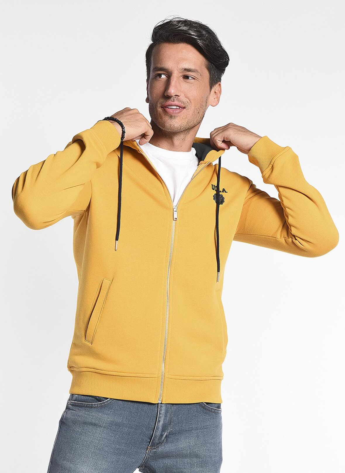 HILGARD Sarı Kapüşonlu ve Fermuarlı Baskılı Standard Fit Erkek Sweatshirt
