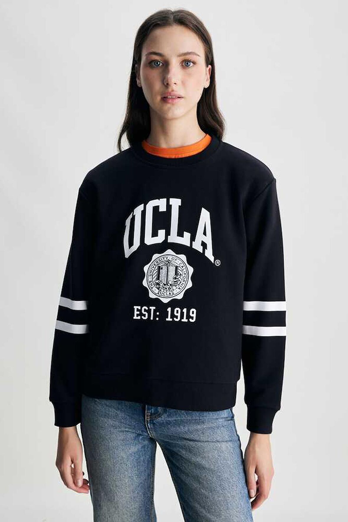 ROISIN Siyah Bisiklet Yaka Baskılı Loose Fit Kadın Sweatshirt