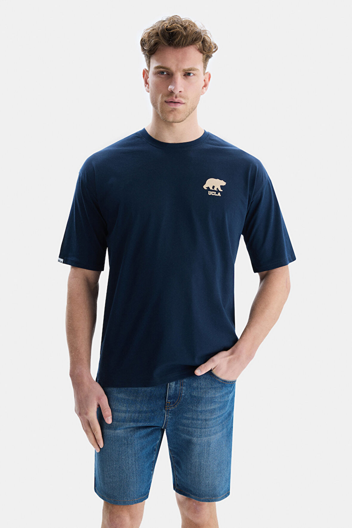 ALVES Lacivert Bisiklet Yaka Baskılı Oversize  Erkek Tshirt