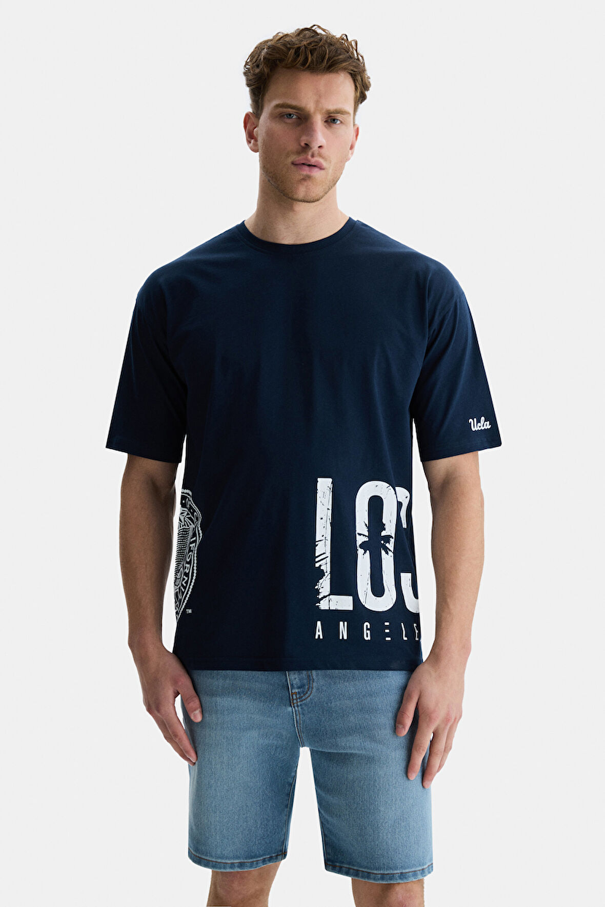 IGNISO Lacivert Bisiklet Yaka Baskılı Oversize  Erkek Tshirt