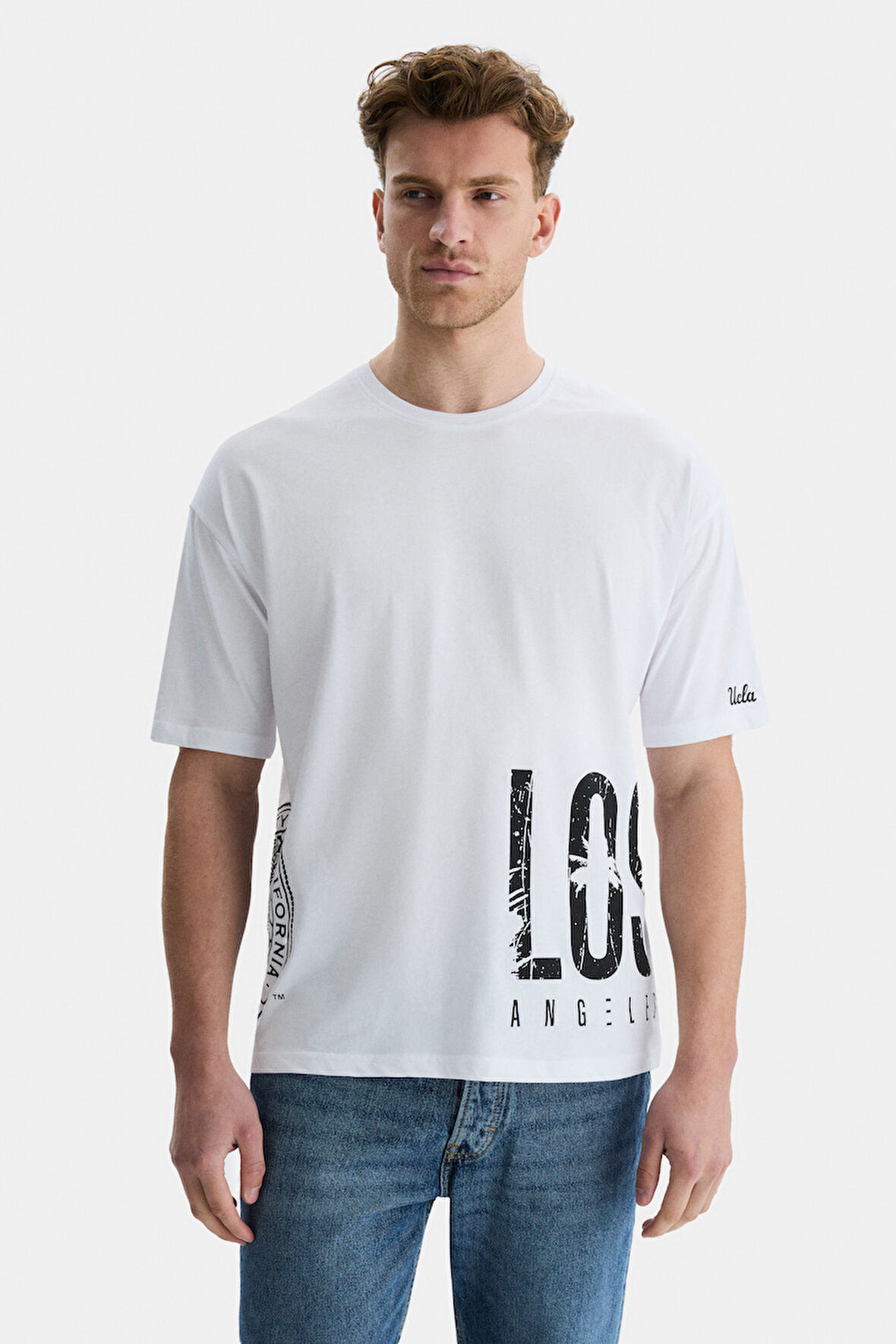 IGNISO Beyaz Bisiklet Yaka Baskılı Oversize  Erkek Tshirt