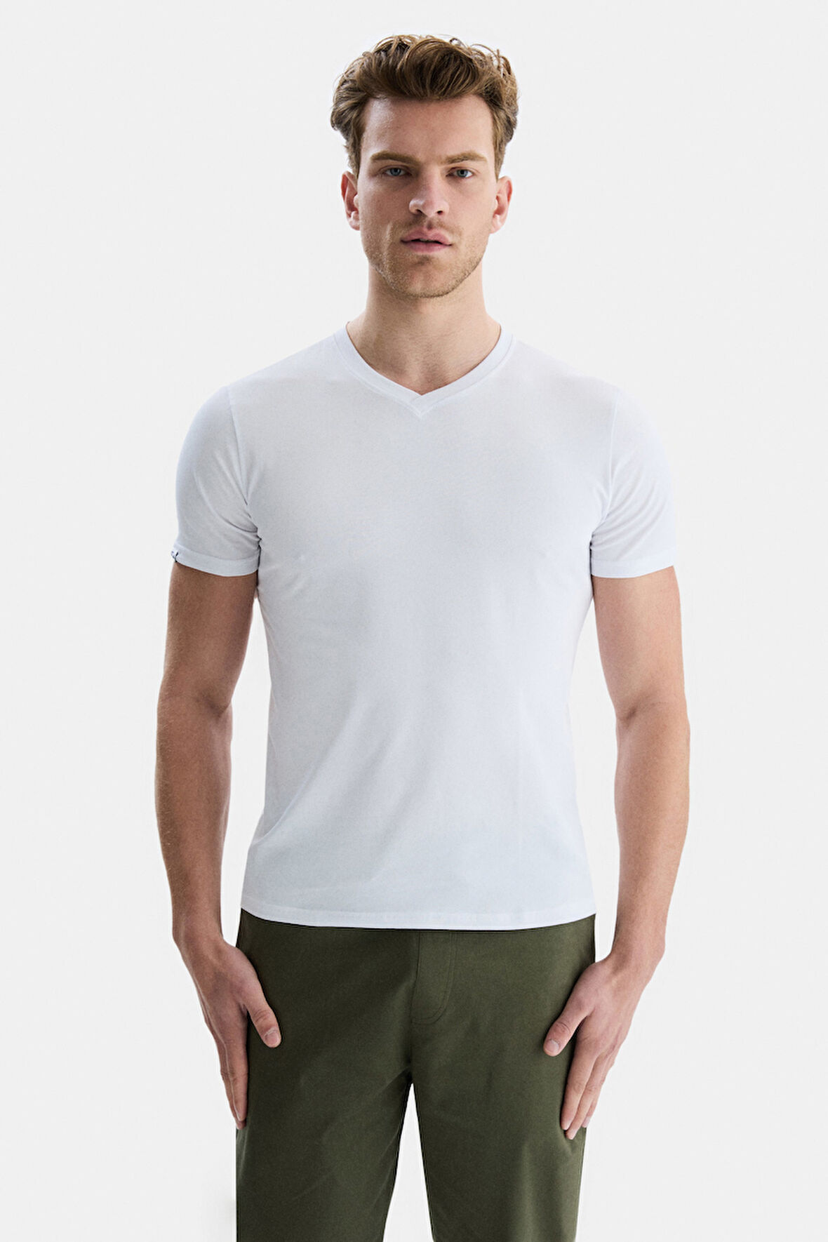 VANNESS Beyaz V Yaka Yaka Tshirt Düz Erkek Tshirt